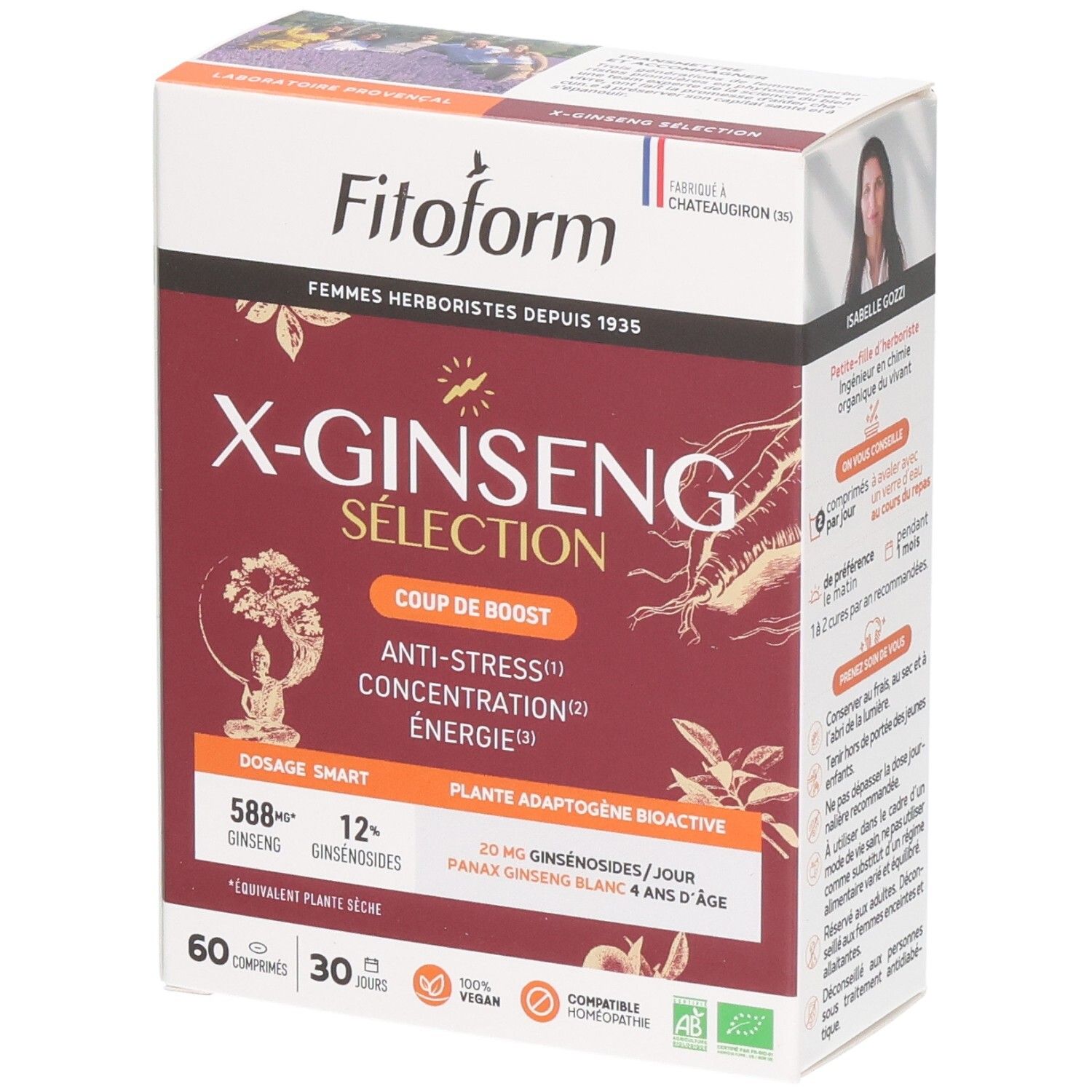 Boîte Fitoform X-Ginseng Selection avec illustration de racine de ginseng, 60 gélules.