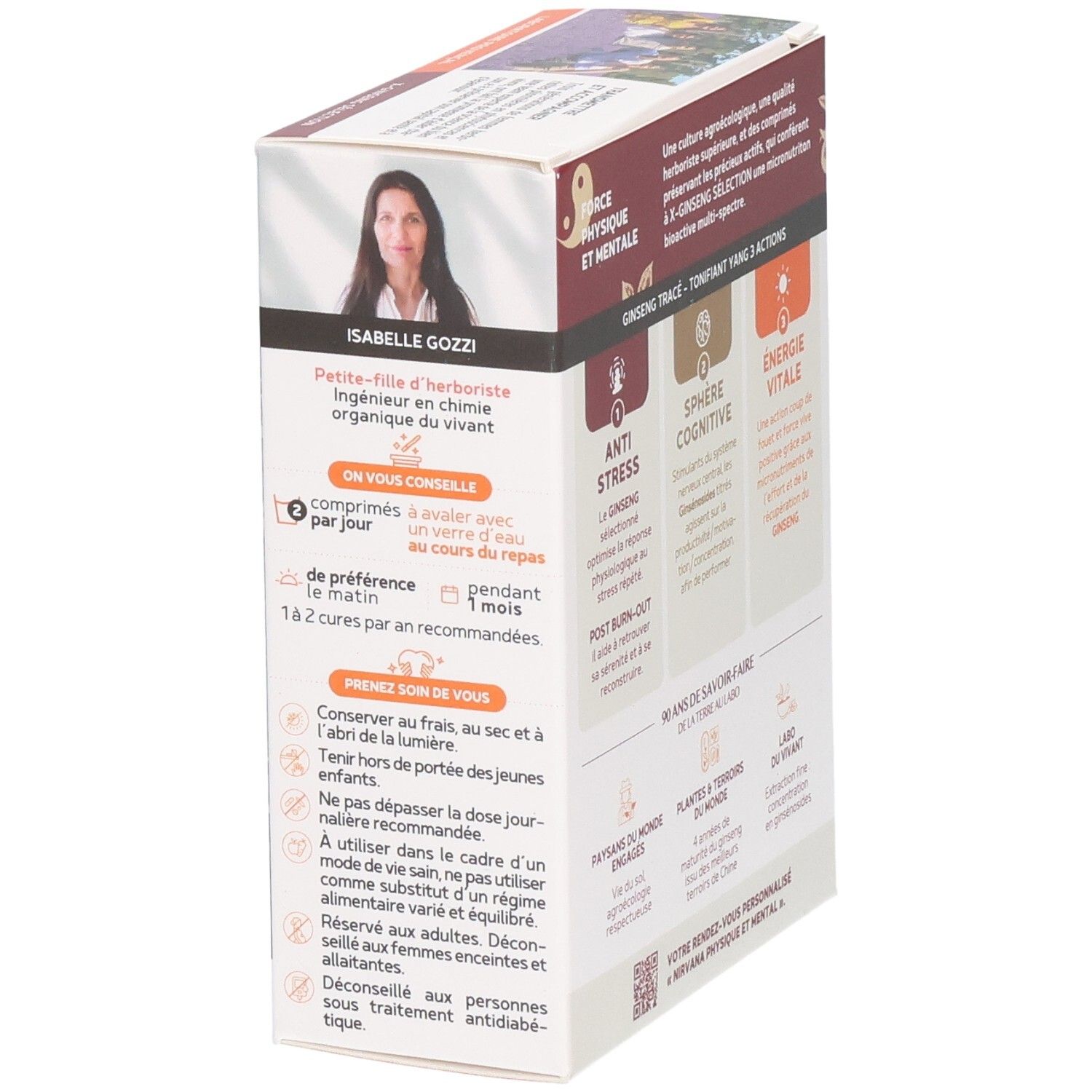 Vue latérale de la boîte Fitoform X-Ginseng Selection avec conseils d'utilisation et portrait d'Isabelle Gozzi.