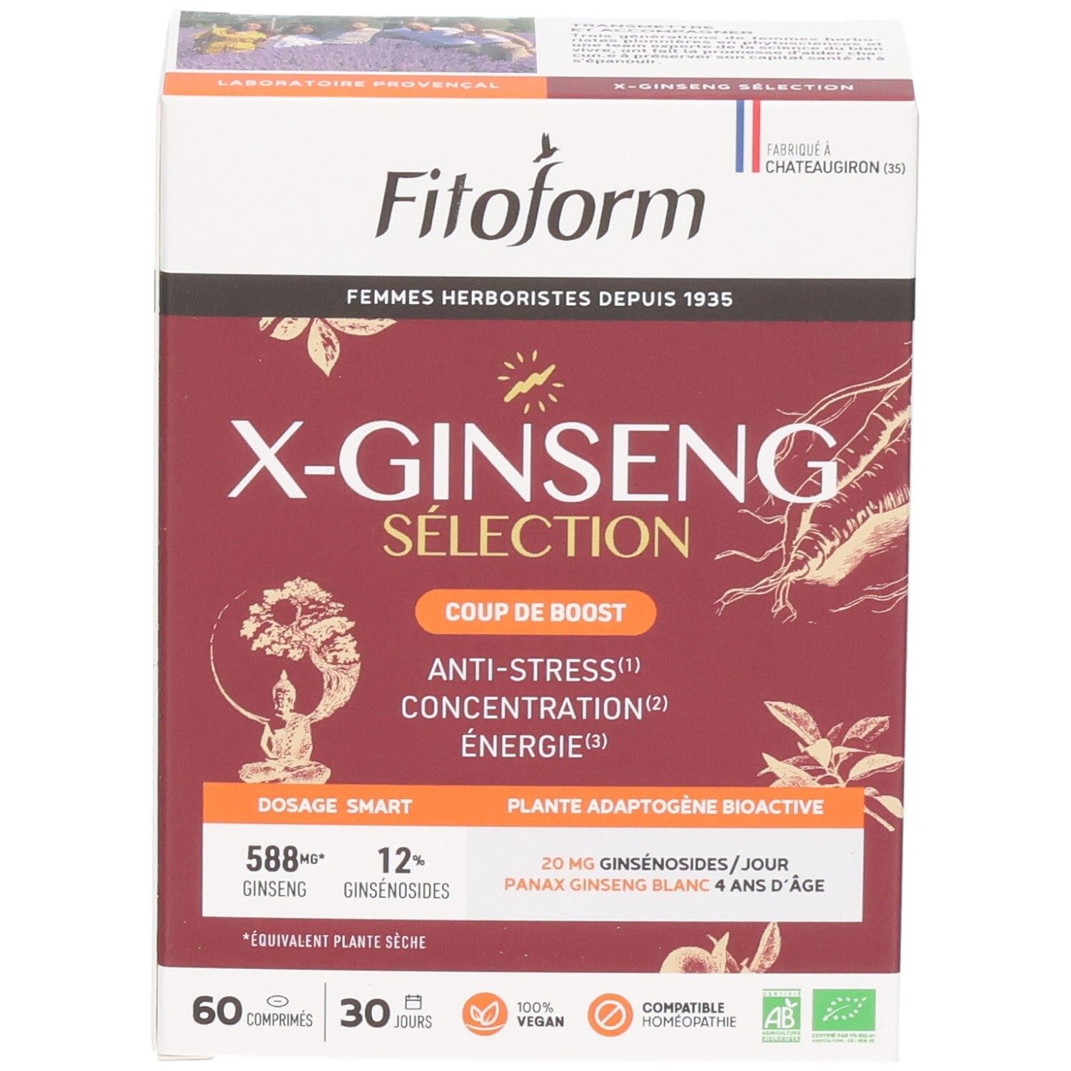 Face avant de la boîte Fitoform X-Ginseng Selection axée sur le dosage de ginseng et les labels bio.