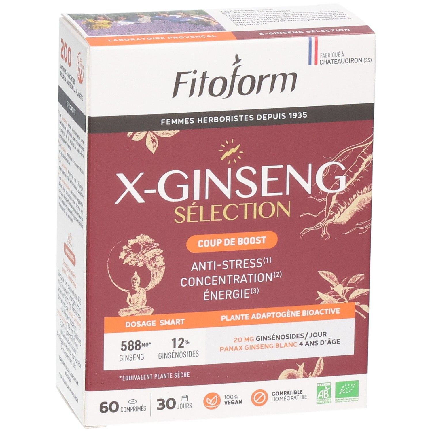 Boîte Fitoform X-Ginseng Selection, légèrement inclinée, montrant la face avant en détail.