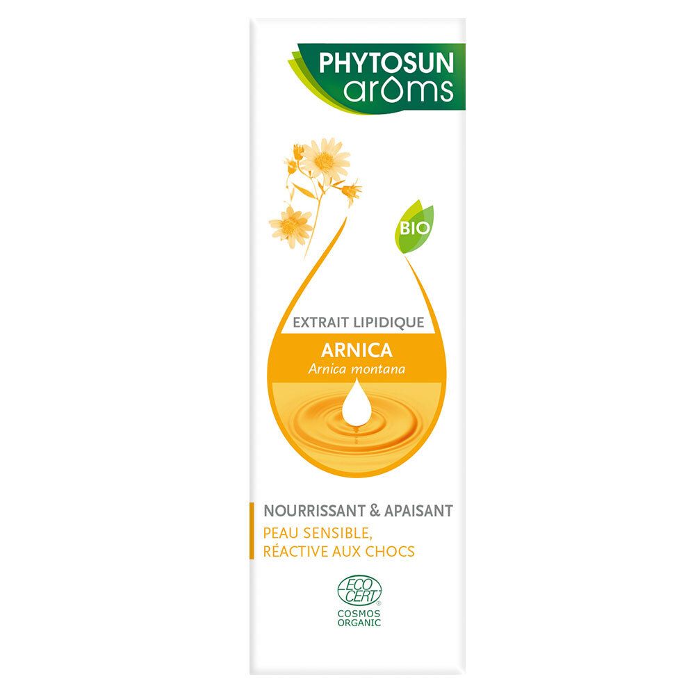Étiquette blanche avec informations produit. Logo: Phytosun arôms. Design goutte jaune avec texte: ARNICA, BIO. Texte: Nourrissant & apaisant.