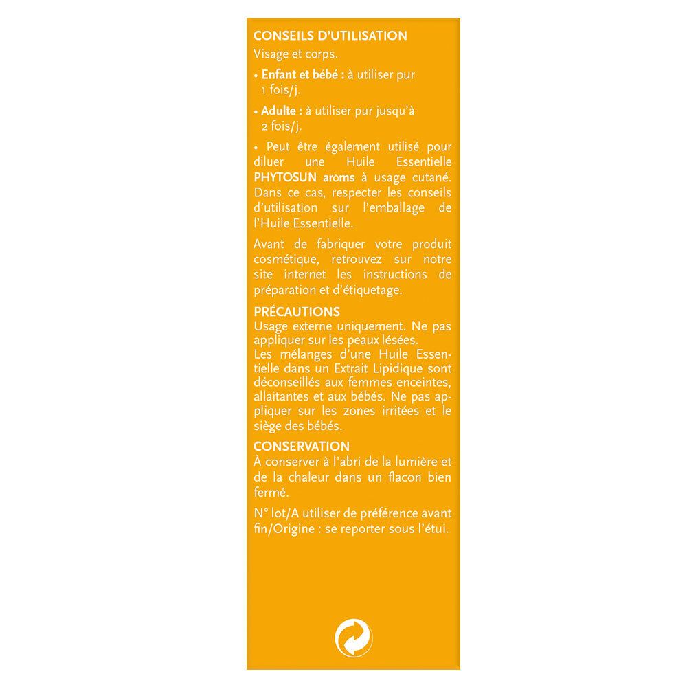 Étiquette jaune avec texte. Conseils d'utilisation pour le visage et le corps. Informations d'utilisation pour enfants et adultes. Précautions.