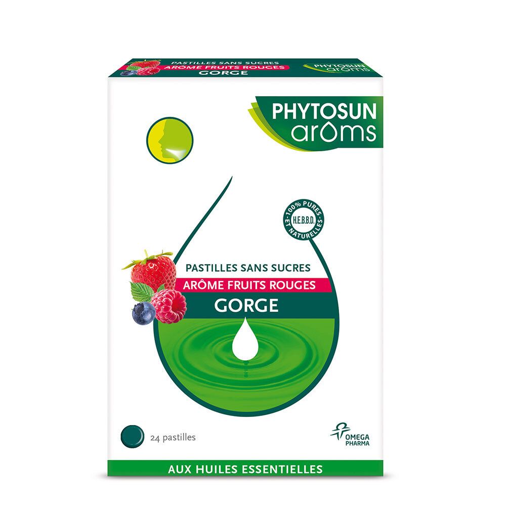 Boîte de pastilles. Inscription: Phytosun Aroms, Fruits rouges, 24 pastilles. Logo: Omega Pharma.