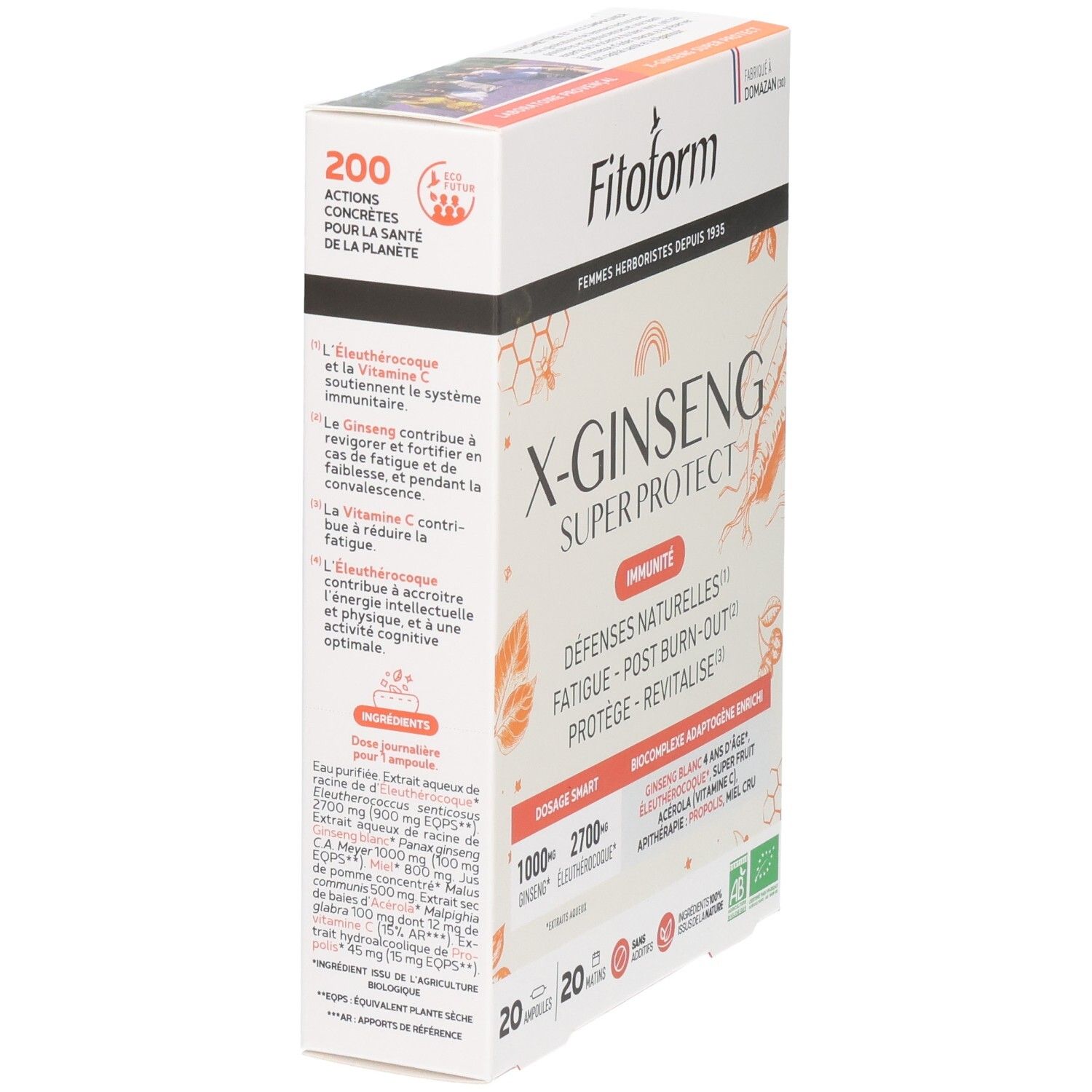 Boîte Fitoform X-Ginseng Super Protect, vue latérale. Affiche des informations sur les ingrédients et l'utilisation.