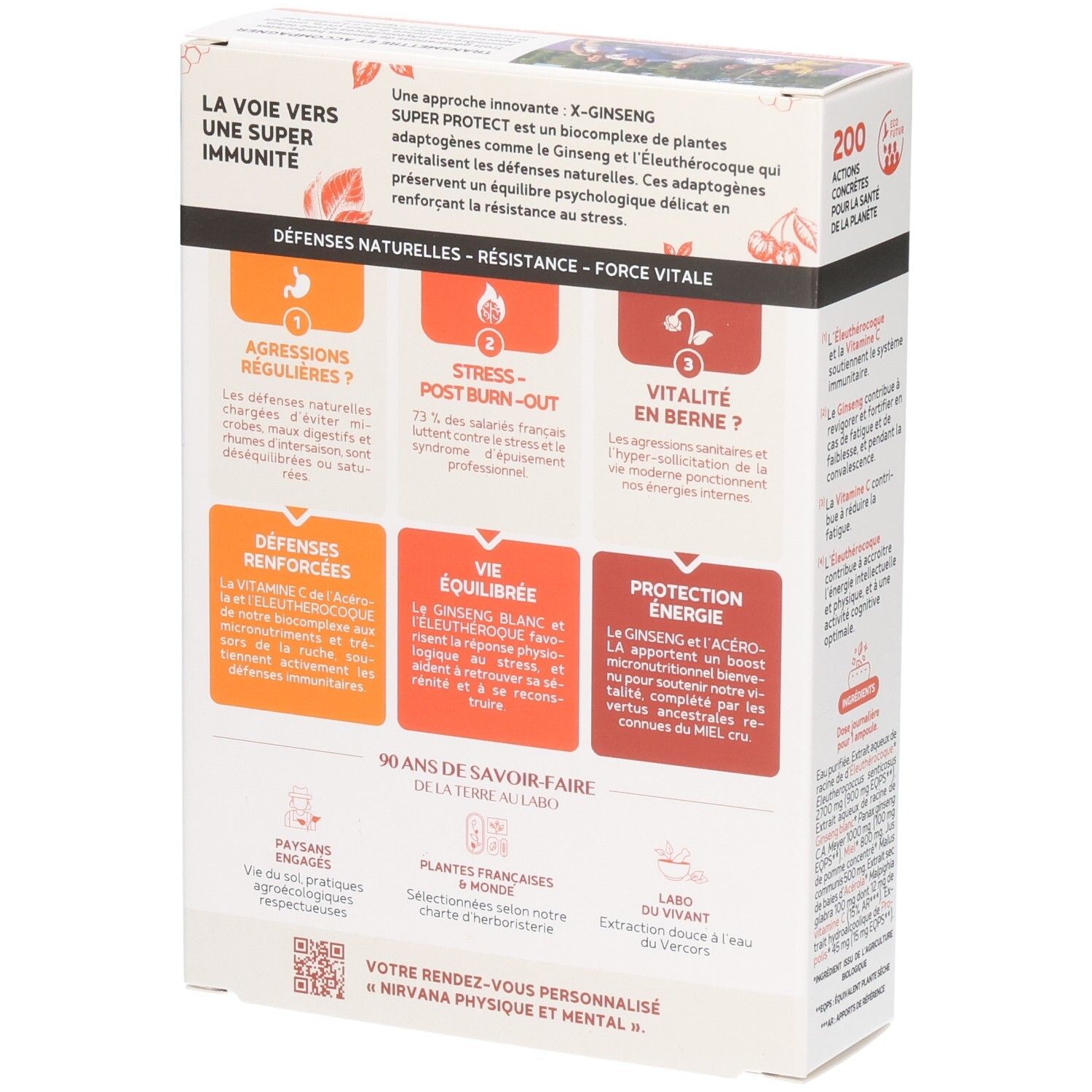 Arrière de la boîte Fitoform X-Ginseng Super Protect. Décrit les bénéfices comme l'immunité et la vitalité.
