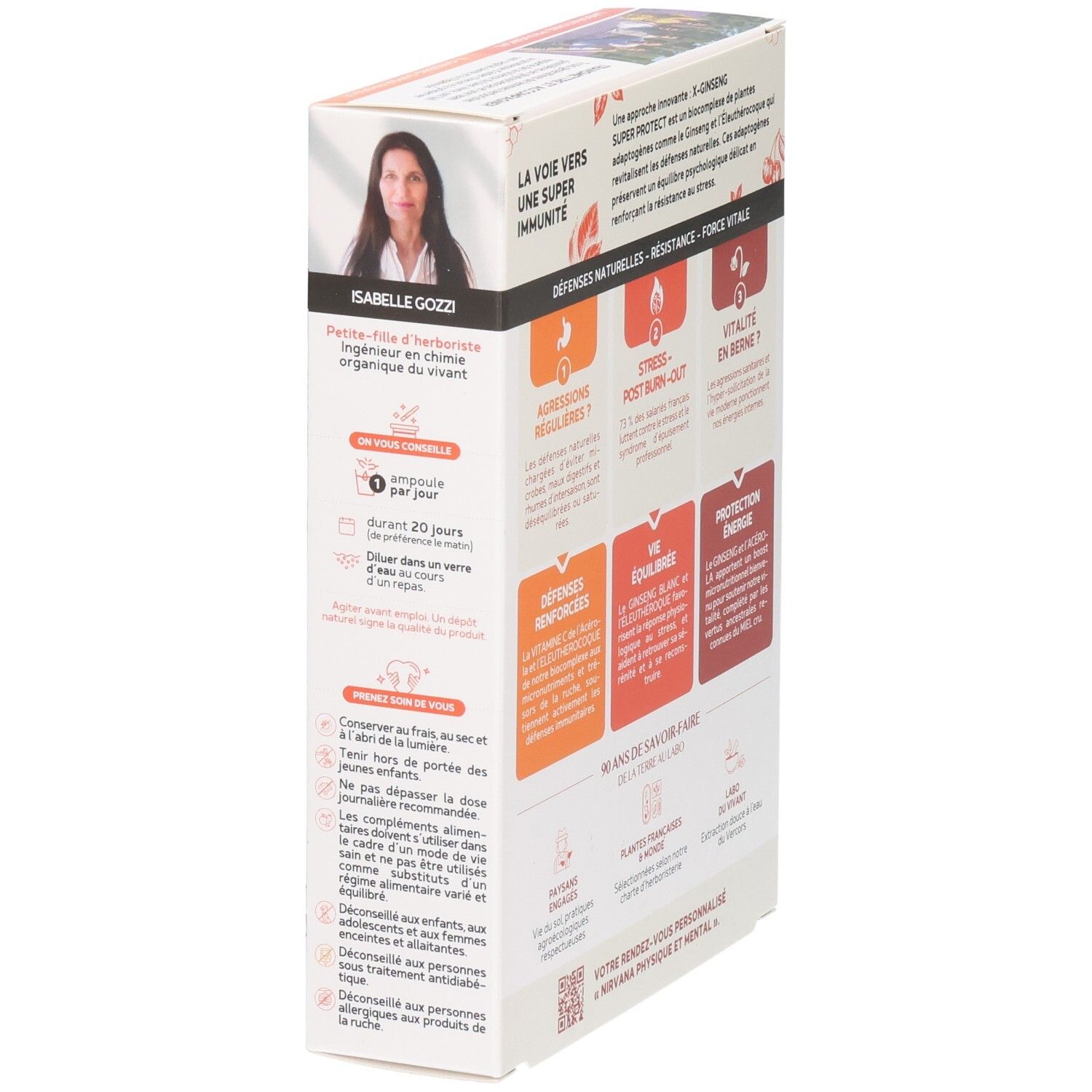 Vue latérale de la boîte Fitoform X-Ginseng Super Protect avec photo d'Isabelle Gozzi et instructions.