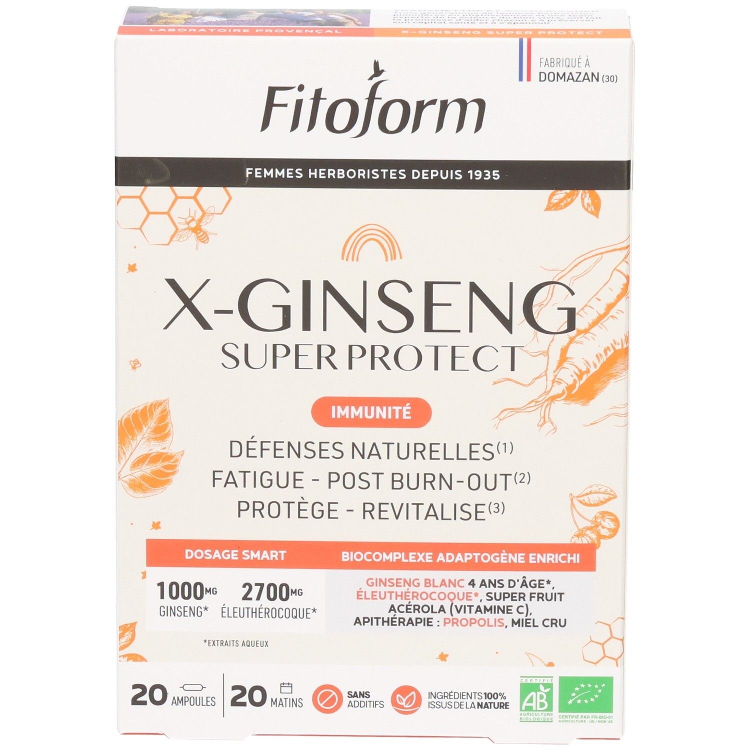 Boîte Fitoform X-Ginseng Super Protect, 20 ampoules et 20 matins. Contient Ginseng et Éleuthérocoque.