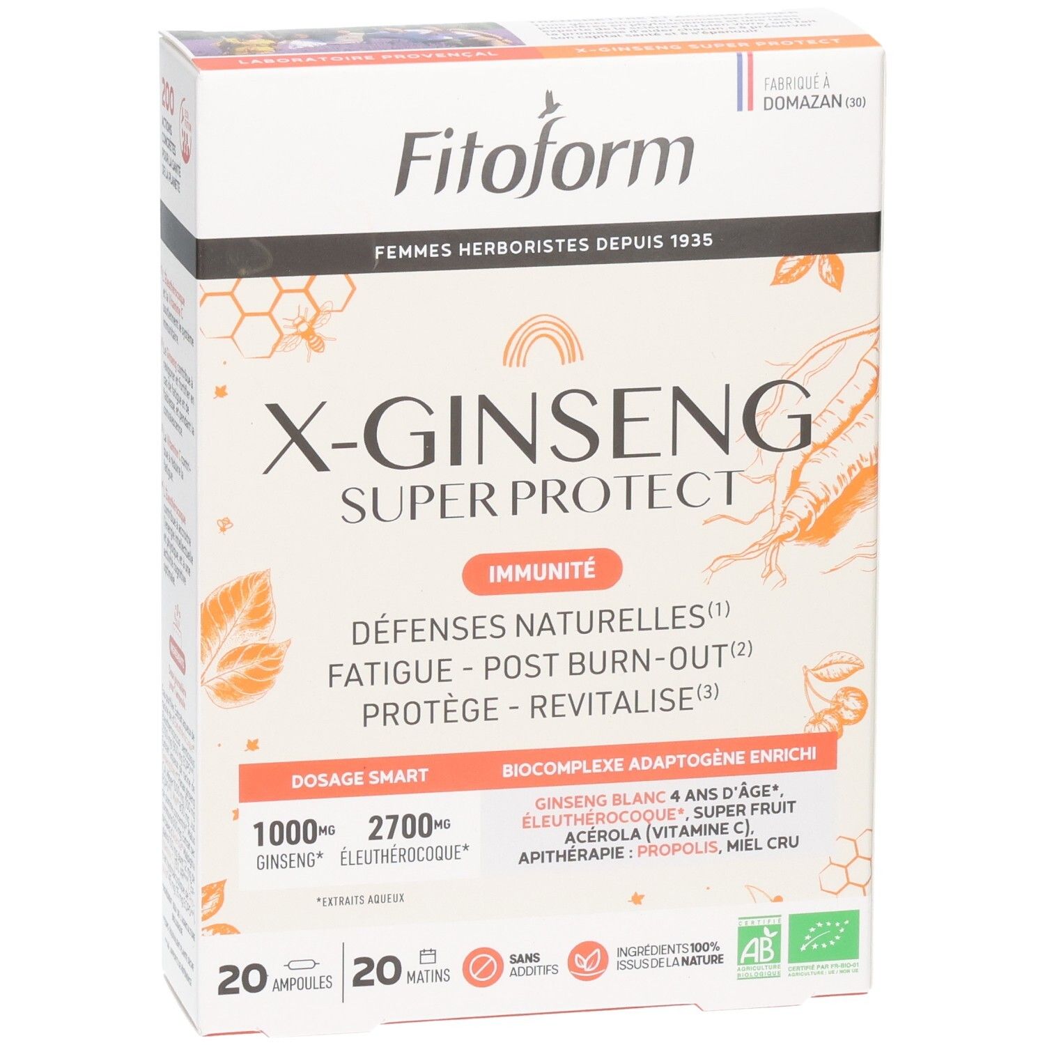 Boîte Fitoform X-Ginseng Super Protect, 20 ampoules et 20 matins. Contient Ginseng et Éleuthérocoque.