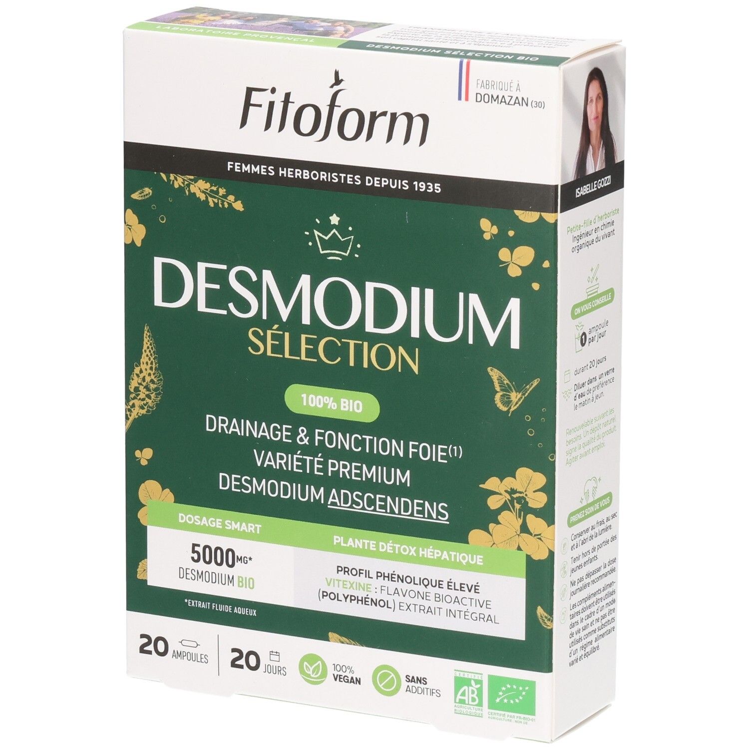 Boîte Fitoform Desmodium Sélection 20 ampoules, 100% Bio, pour le drainage et la fonction hépatique.