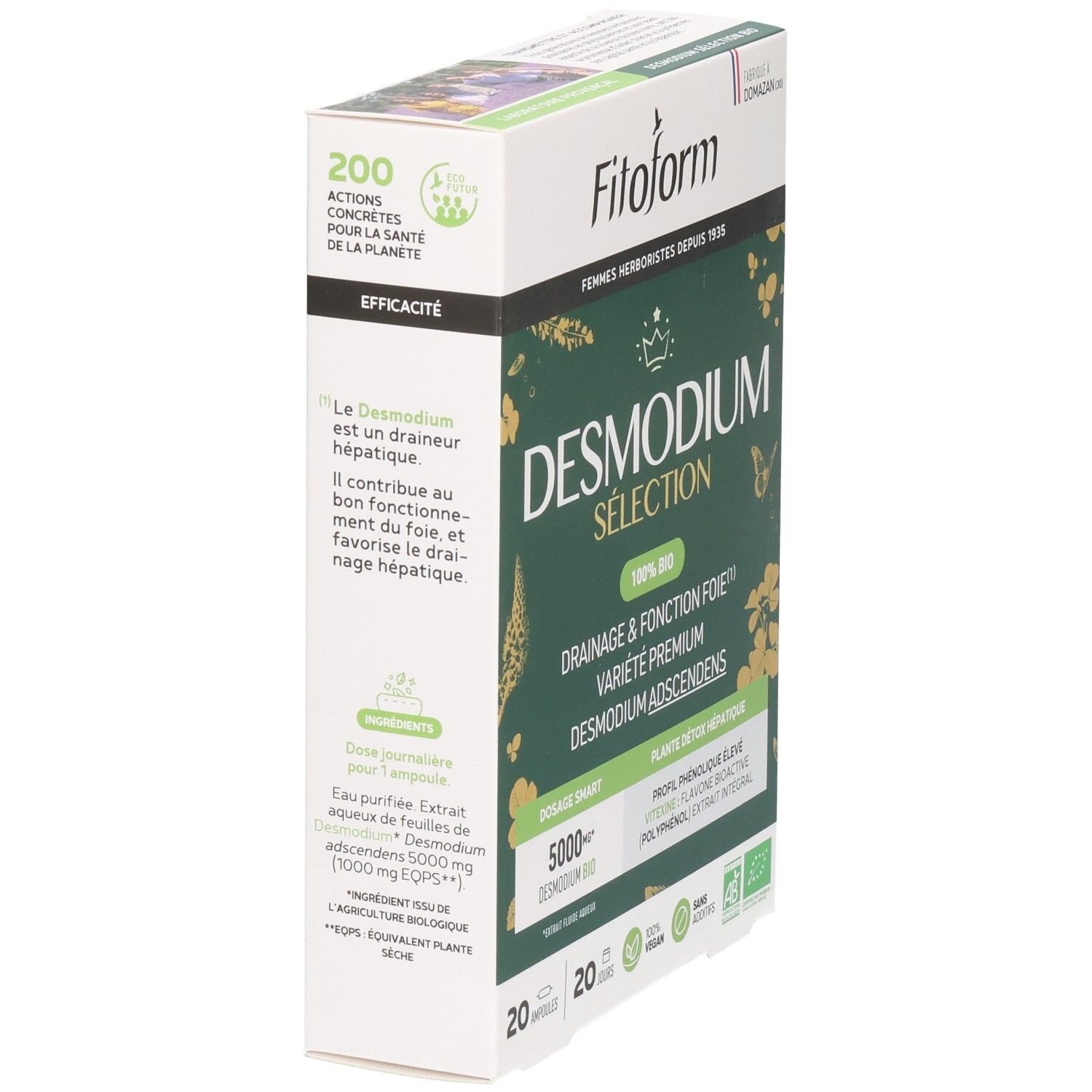 Arrière de la boîte Fitoform Desmodium Sélection avec informations sur les ingrédients et l'utilisation.