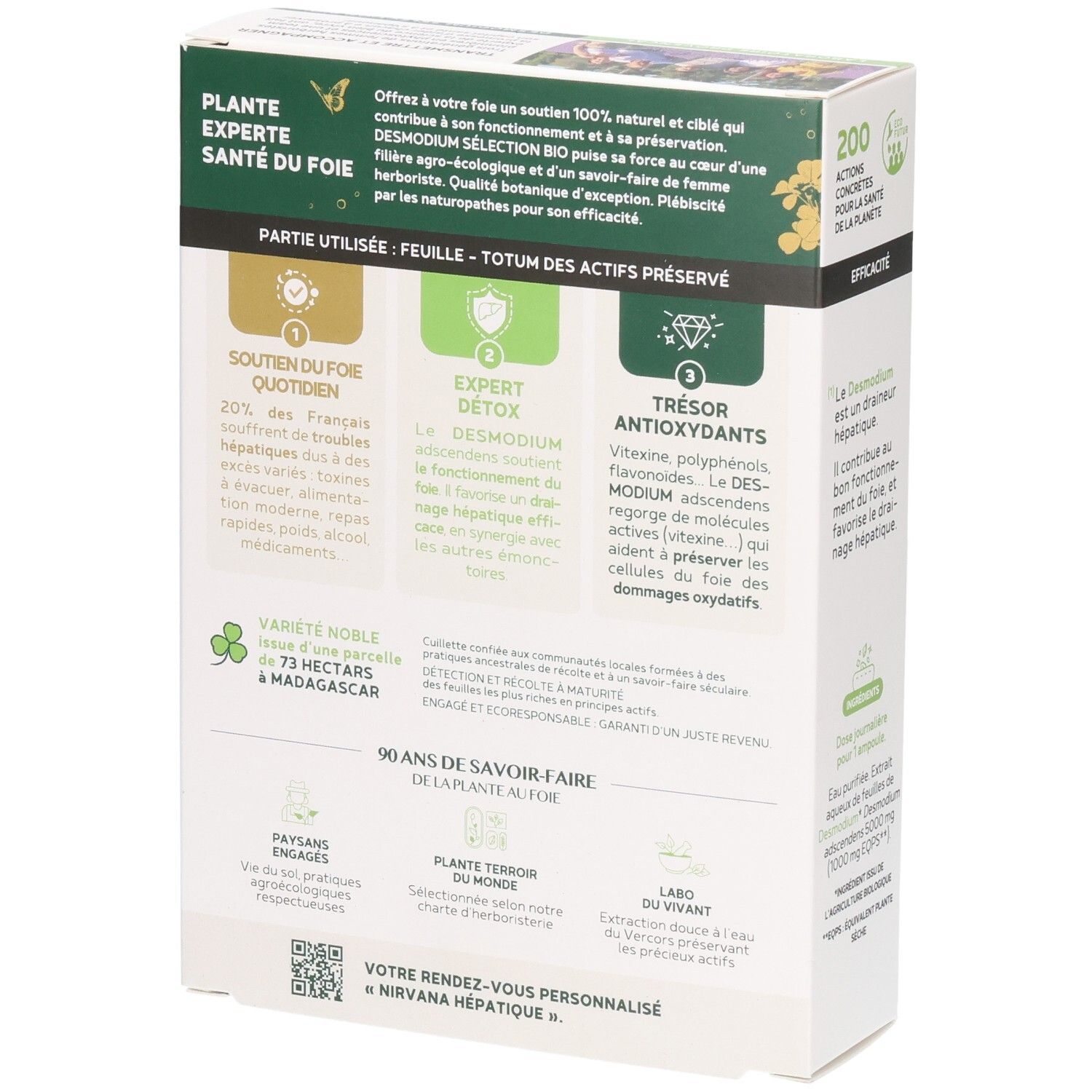 Vue latérale de la boîte Fitoform Desmodium Sélection avec détails sur la qualité bio et le soutien hépatique.