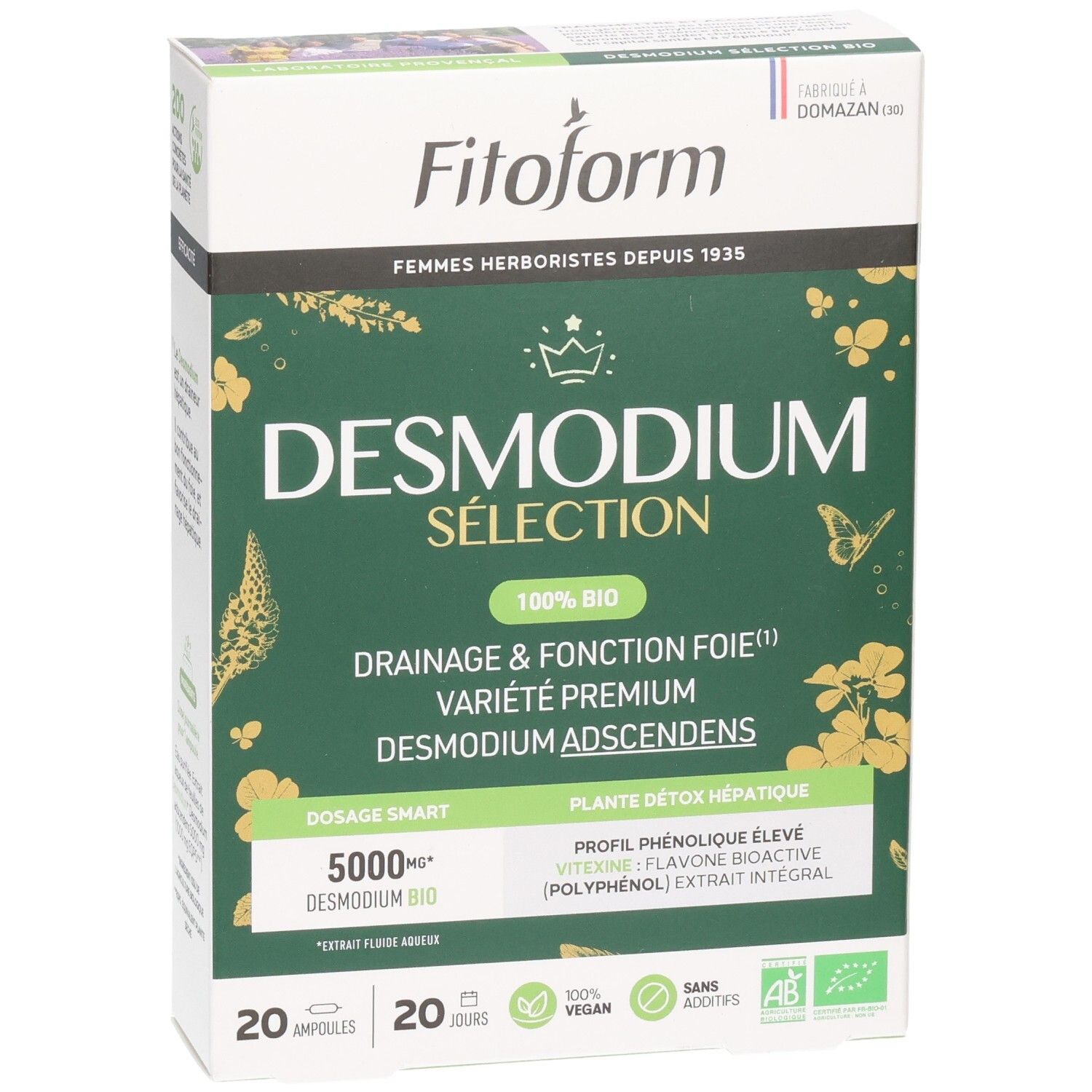 Face avant de la boîte Fitoform Desmodium Sélection, 100% Bio, soulignant 5000mg de Desmodium.
