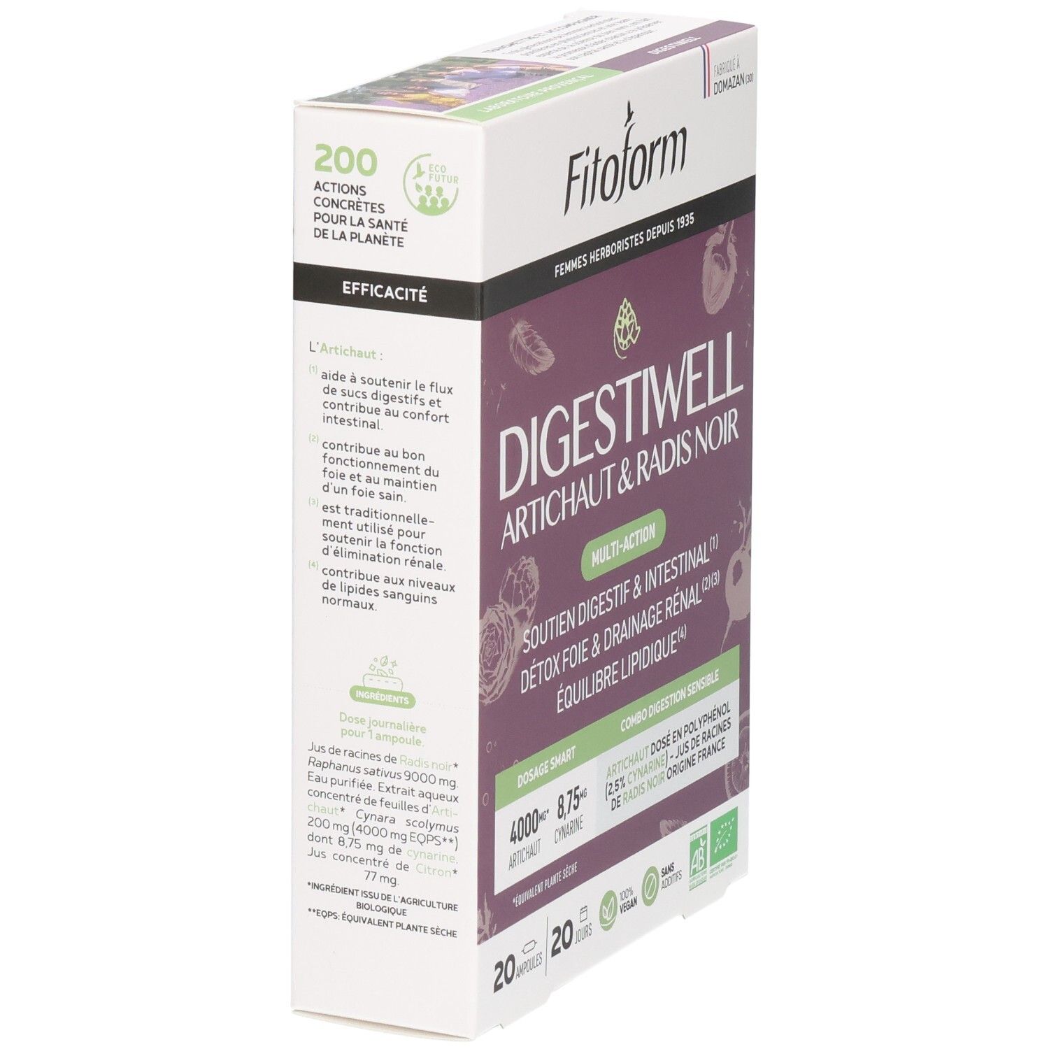 Boîte Fitoform Digestiwell, verso avec informations sur 200 actions concrètes pour la santé.