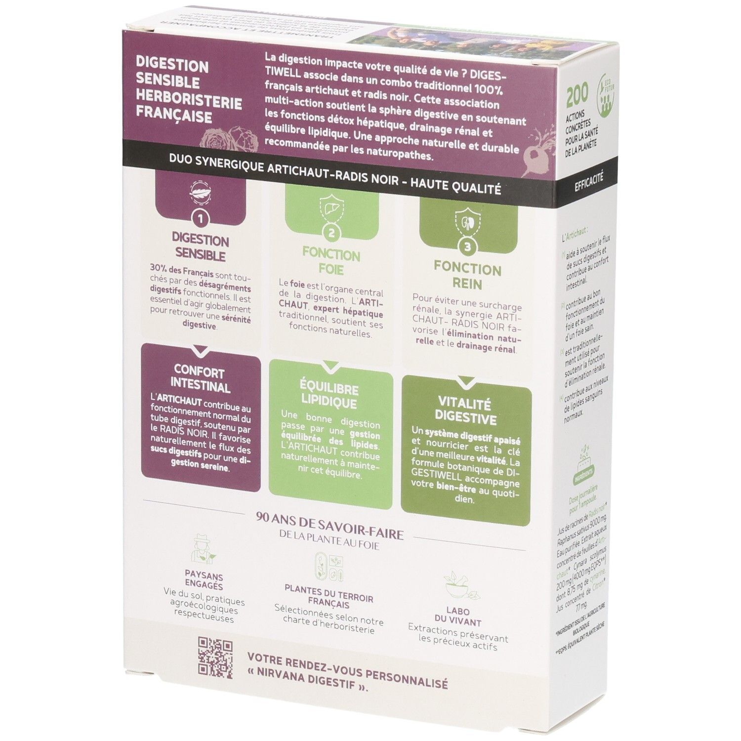 Boîte Fitoform Digestiwell, côté avec détails sur les fonctions digestives, hépatiques et rénales.