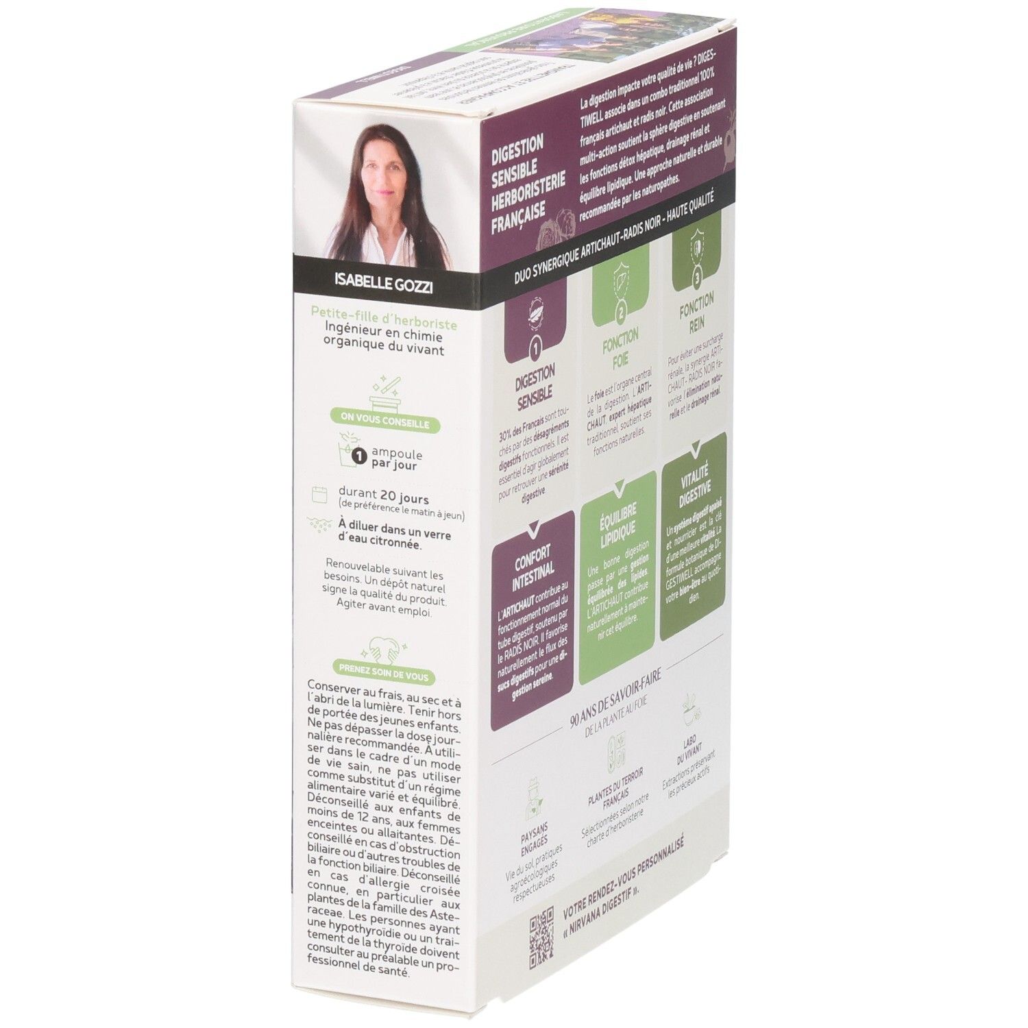 Boîte Fitoform Digestiwell, côté avec informations sur Isabelle Gozzd, experte en herboristerie.