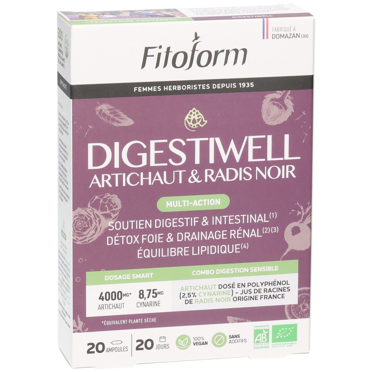 Boîte Fitoform Digestiwell Artichaut & Radis Noir. Soutien digestif et intestinal.