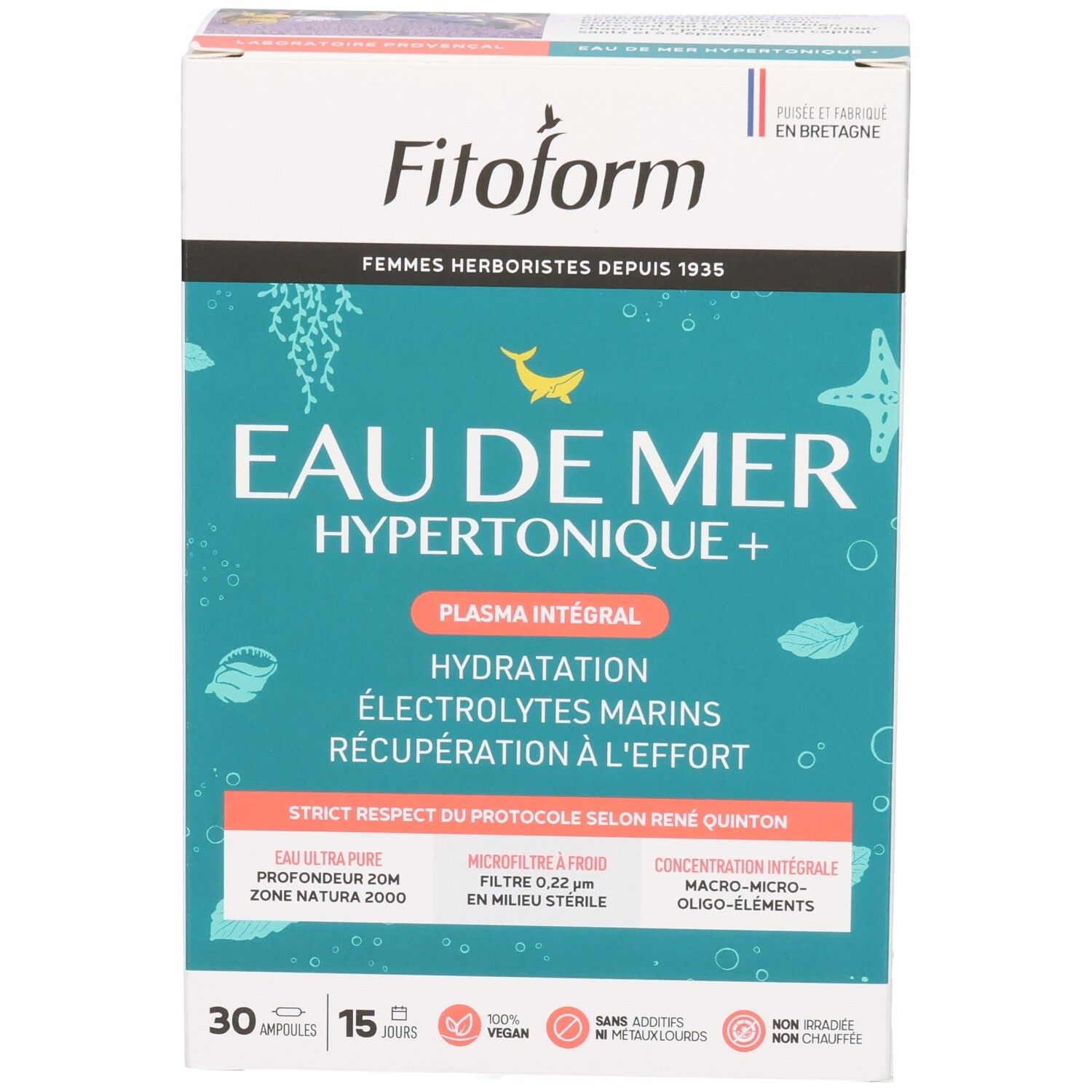 Boîte de Fitofrom Eau de Mer Hypertonique+, face avant avec nom du produit et motifs marins.