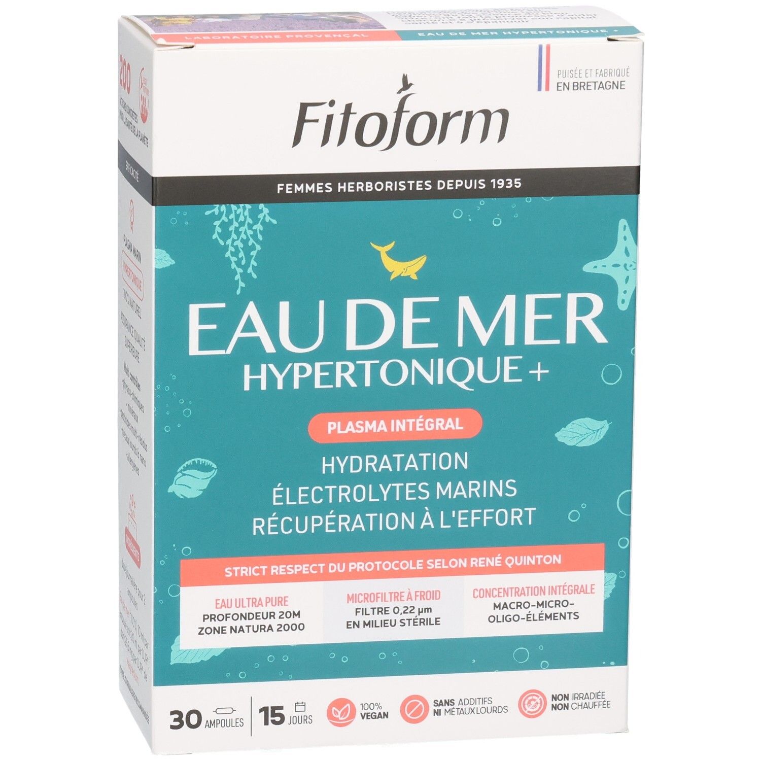 Boîte de Fitofrom Eau de Mer Hypertonique+, face avant avec nom du produit et motifs marins.