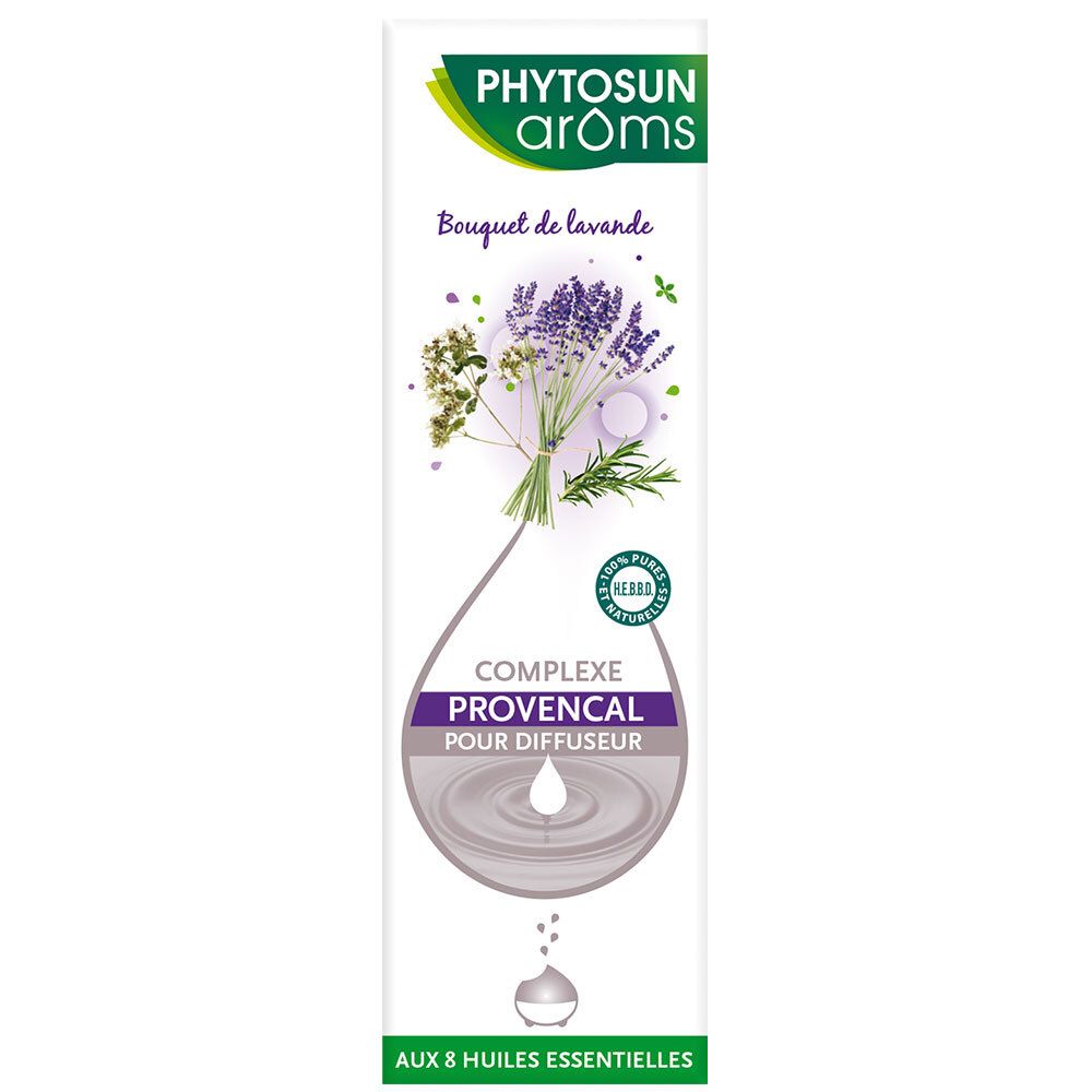 Phytosun Arôms Complexe Provençal pour diffuseur: bouquet de lavande, 8 huiles essentielles. Boîte avec symbole goutte.