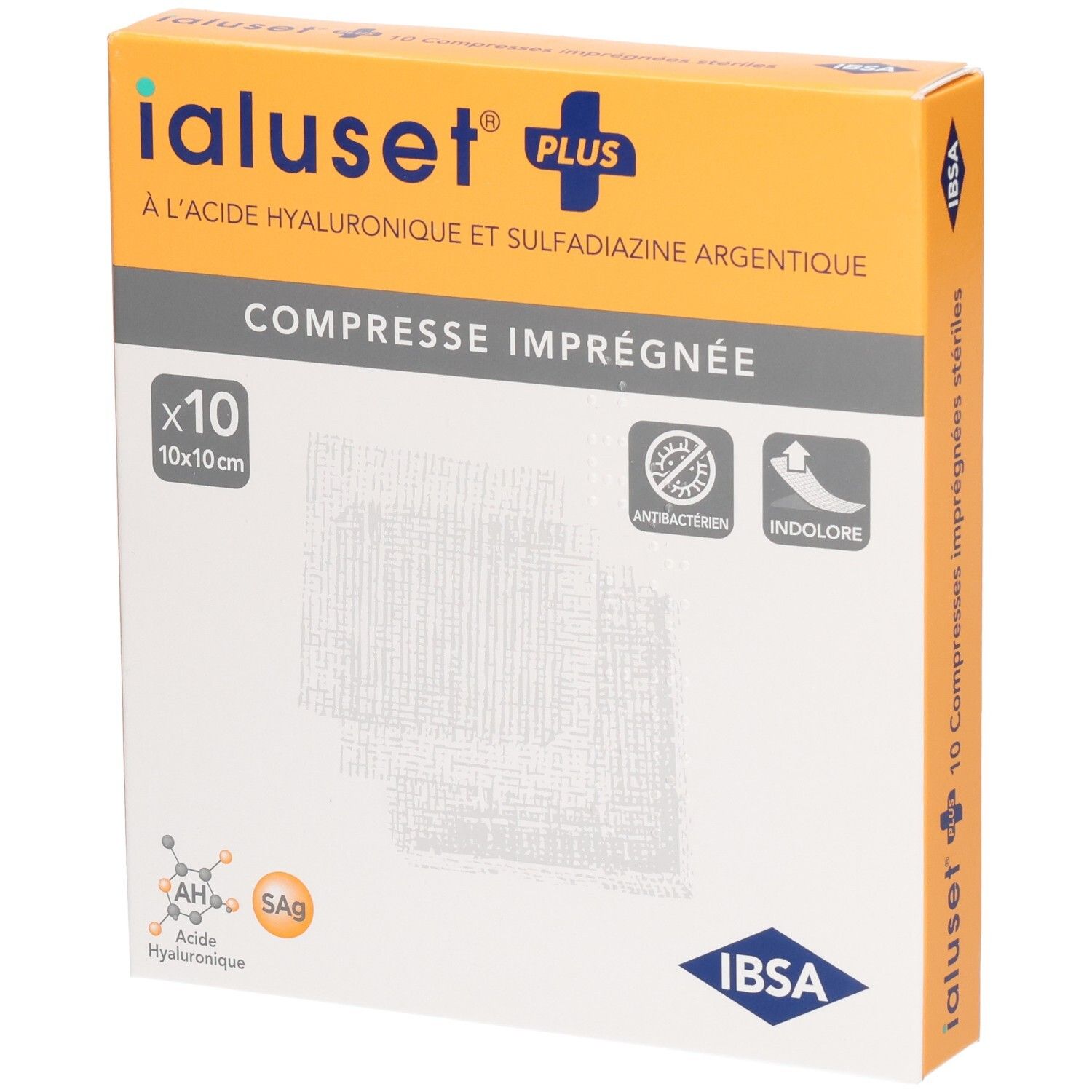 Compresse IALUSET PLUS, 10x10cm, boîte de 10. Antibactérien, indolore.