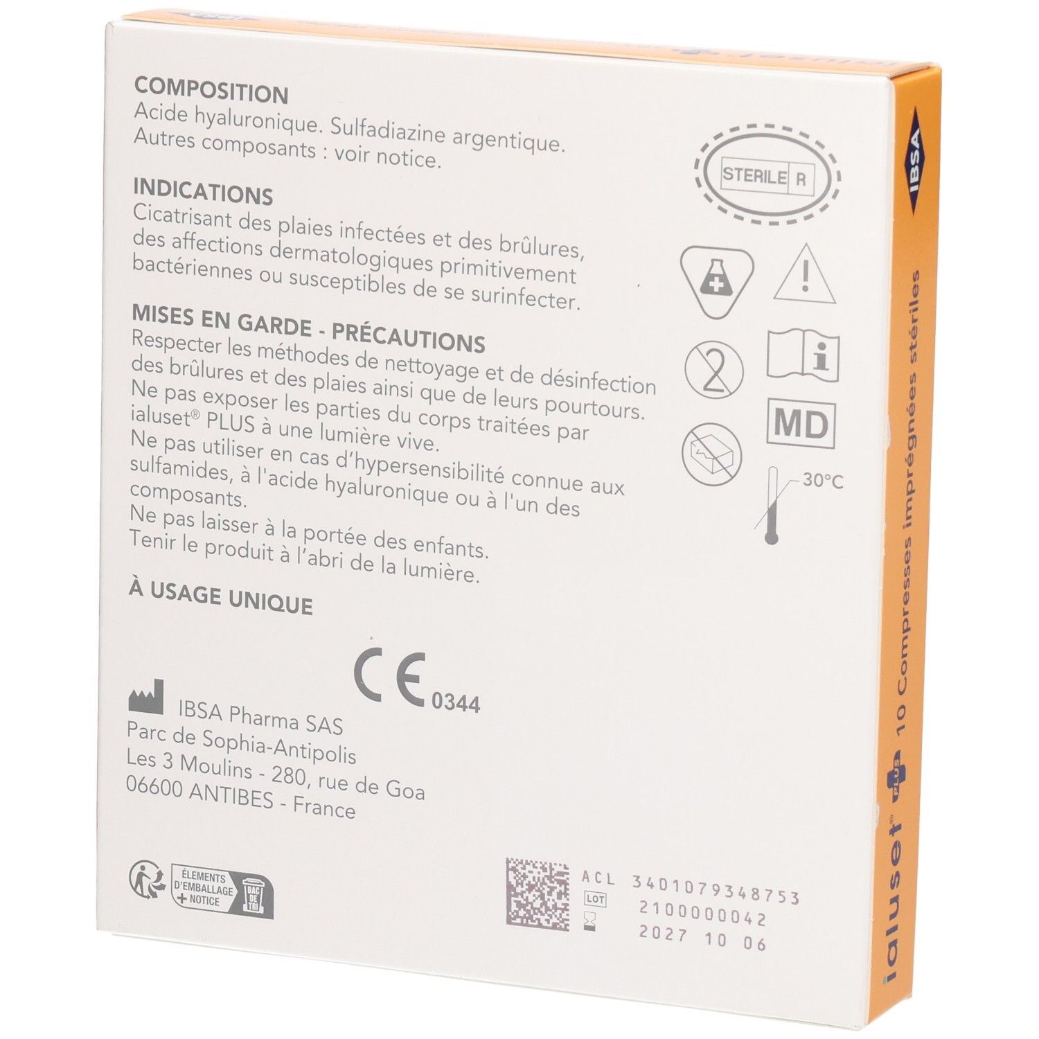 Compresse IALUSET PLUS, verso con indicazioni e marchio CE.
