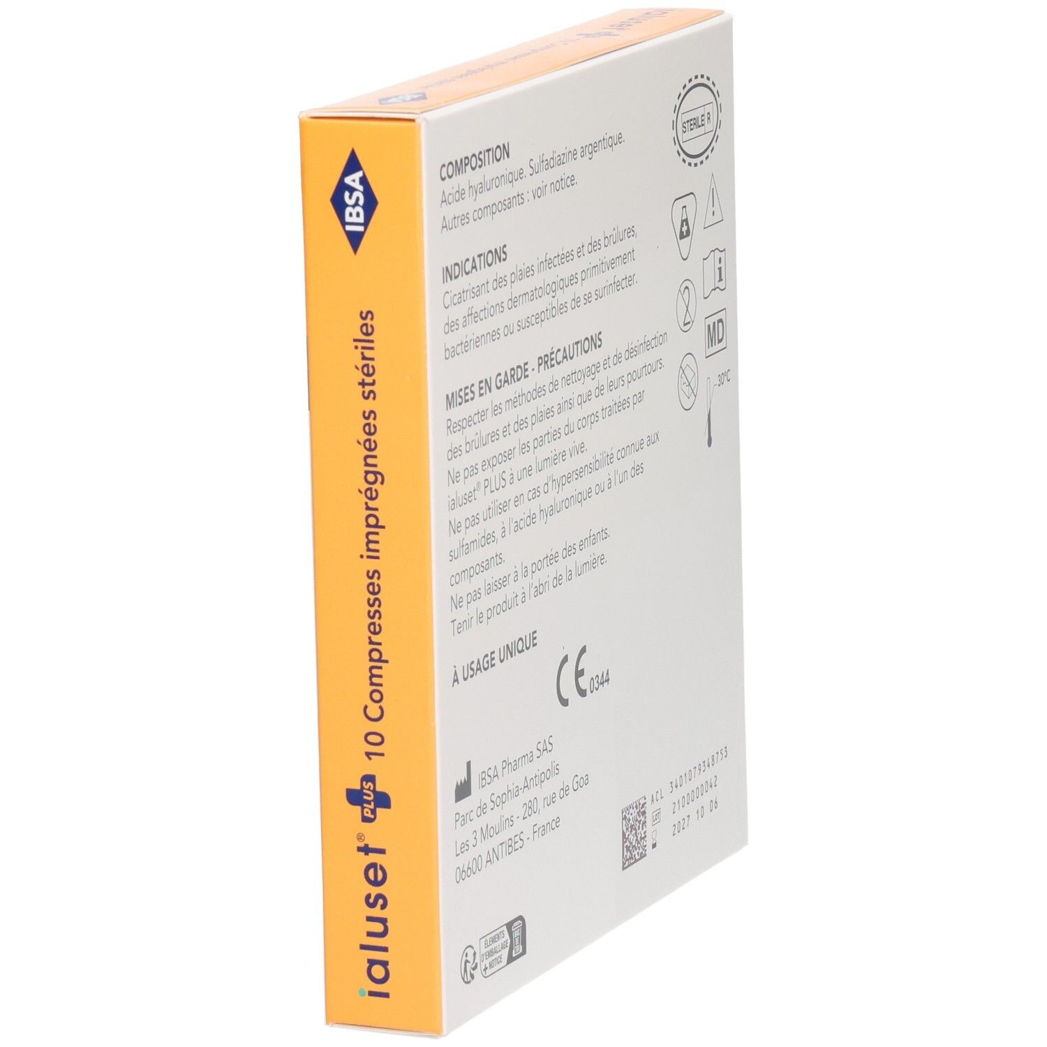 Compresse IALUSET PLUS, verso con indicazioni e marchio CE.