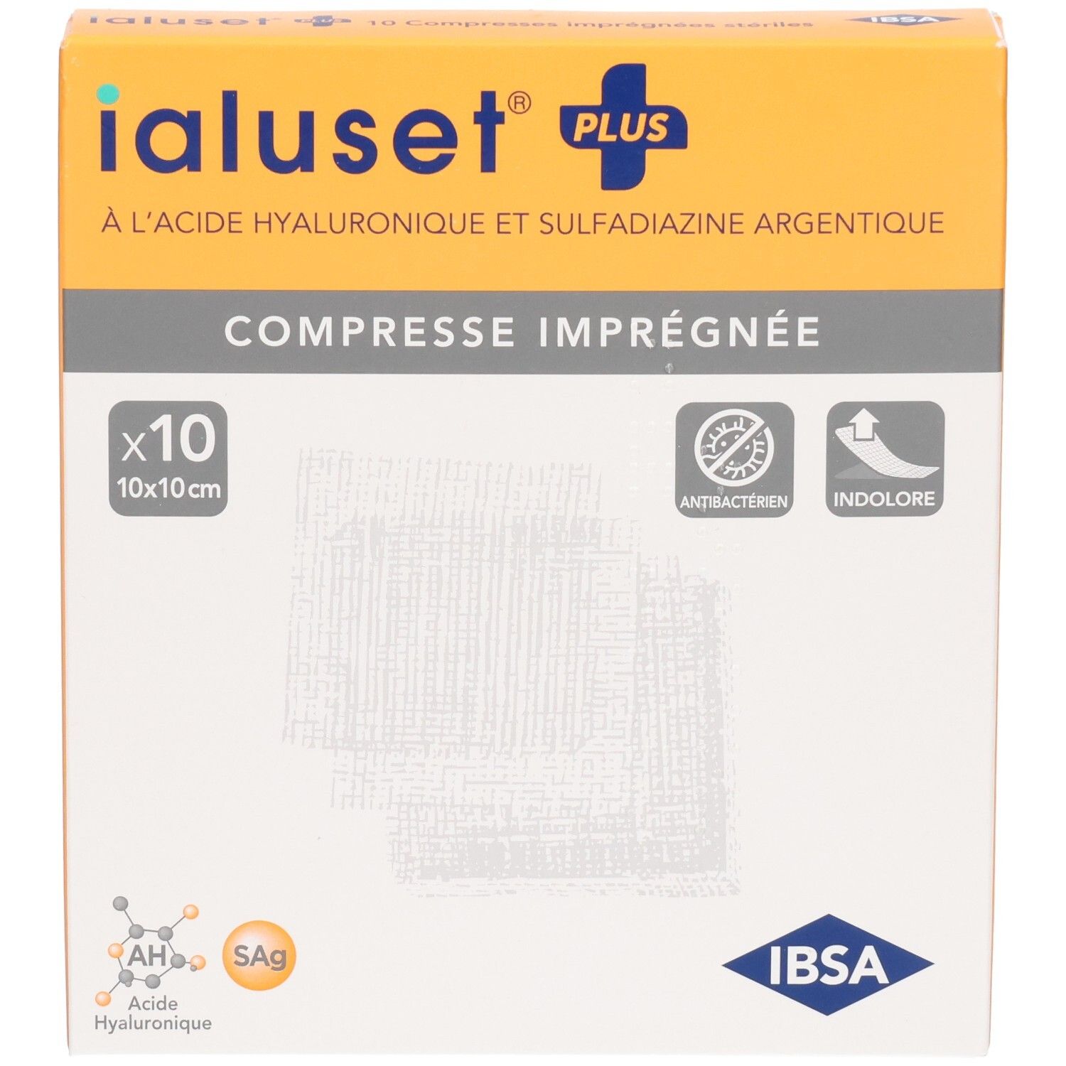 Compresse IALUSET PLUS, 10x10cm, boîte de 10. Antibactérien, indolore.