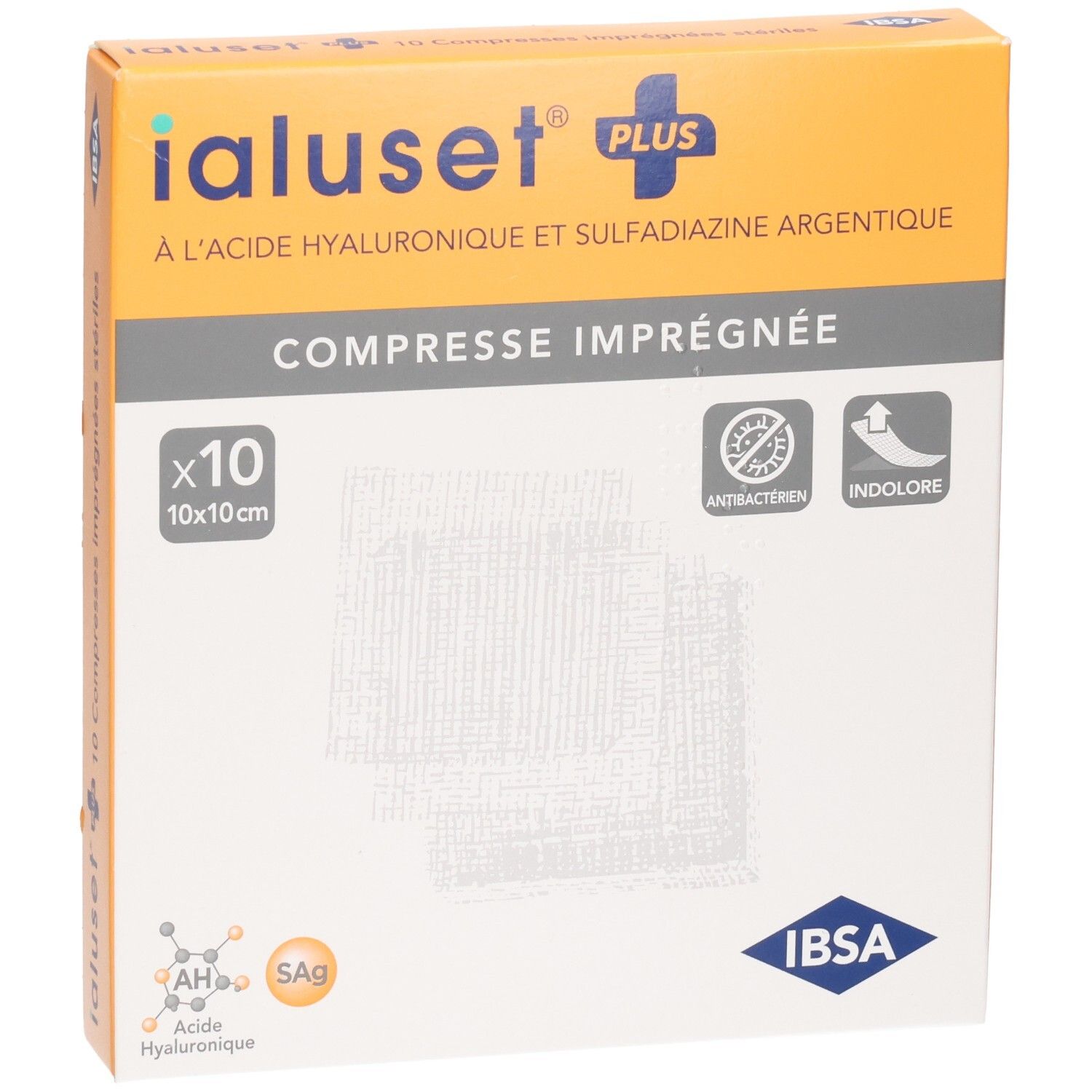 Compresse IALUSET PLUS, 10x10cm, boîte de 10. Antibactérien, indolore.