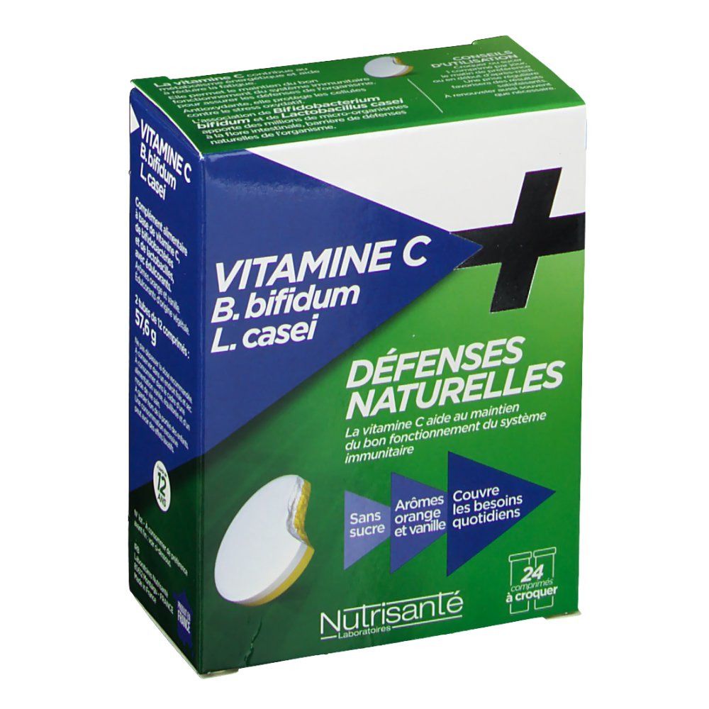 Boîte Nutrisanté DEFENSES NATURELLES Vitamine C, B. bifidum, L. casei. Emballage bleu et vert, nom du produit et ingrédients visibles.
