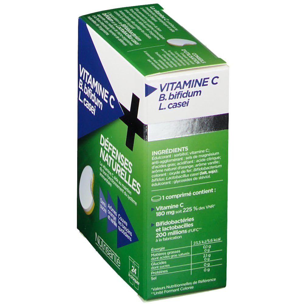 Emballage Nutrisanté DEFENSES NATURELLES. Boîte bleue et verte avec informations produit et informations nutritionnelles.