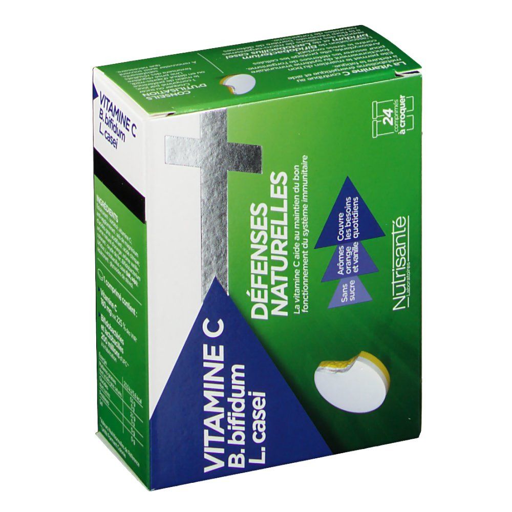 Emballage Nutrisanté DEFENSES NATURELLES. Boîte verte avec nom du produit et ingrédients. 24 comprimés.