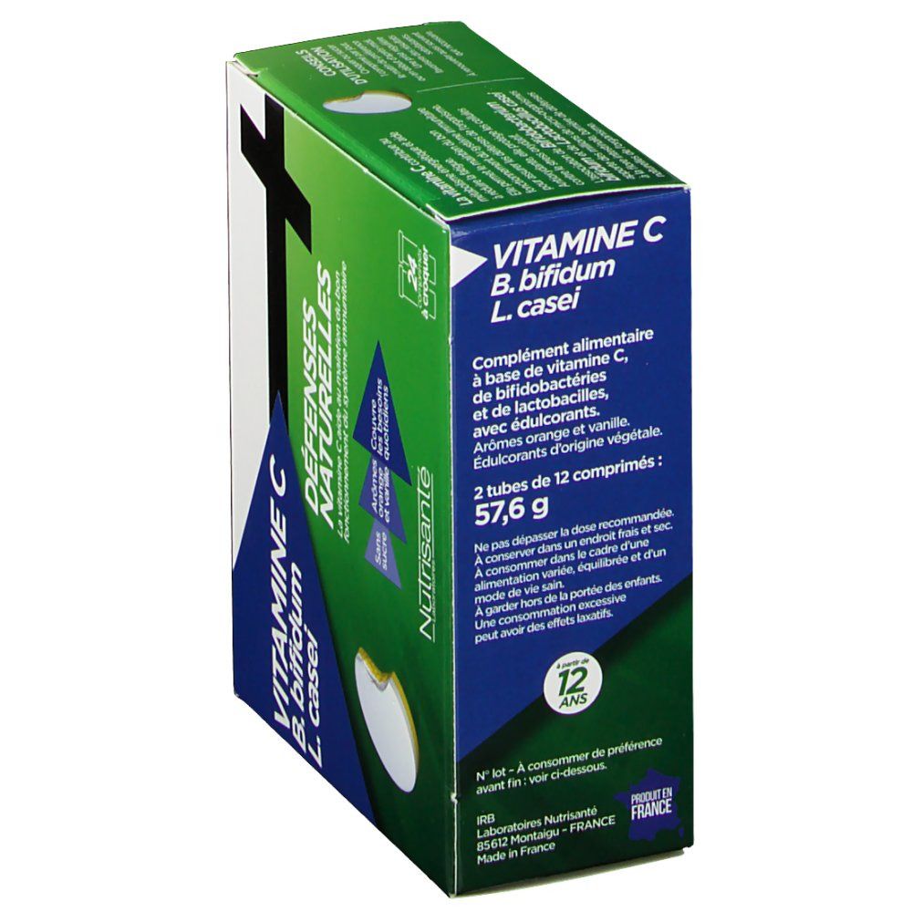 Emballage Nutrisanté DEFENSES NATURELLES. Boîte verte avec informations produit et fabricant. Fabriqué en France.