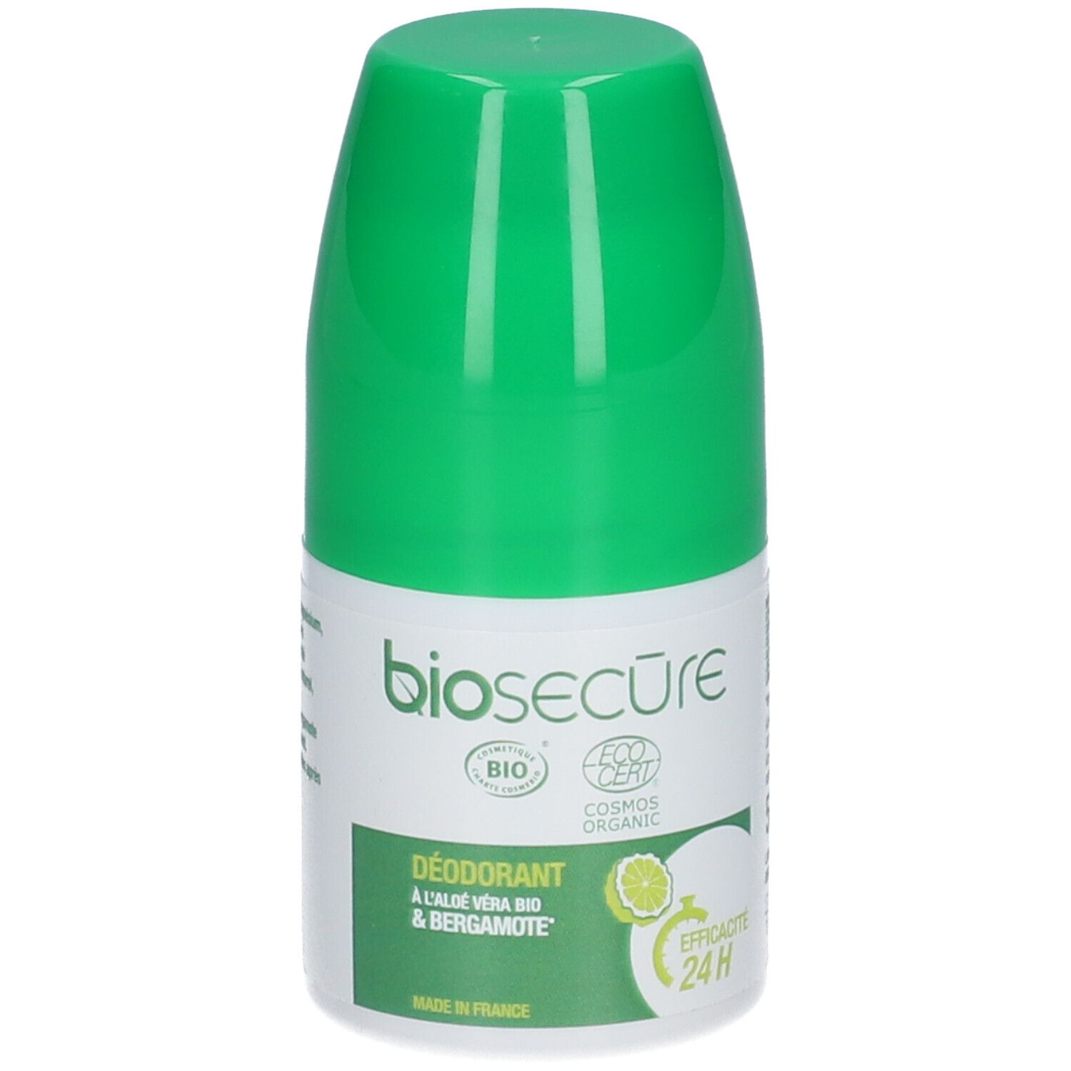 Déodorant roll-on vert. Inscription: biosecure, Déodorant à l'aloe vera bio & bergamote. Certifié bio, effet 24H. Contient un logo de citron.