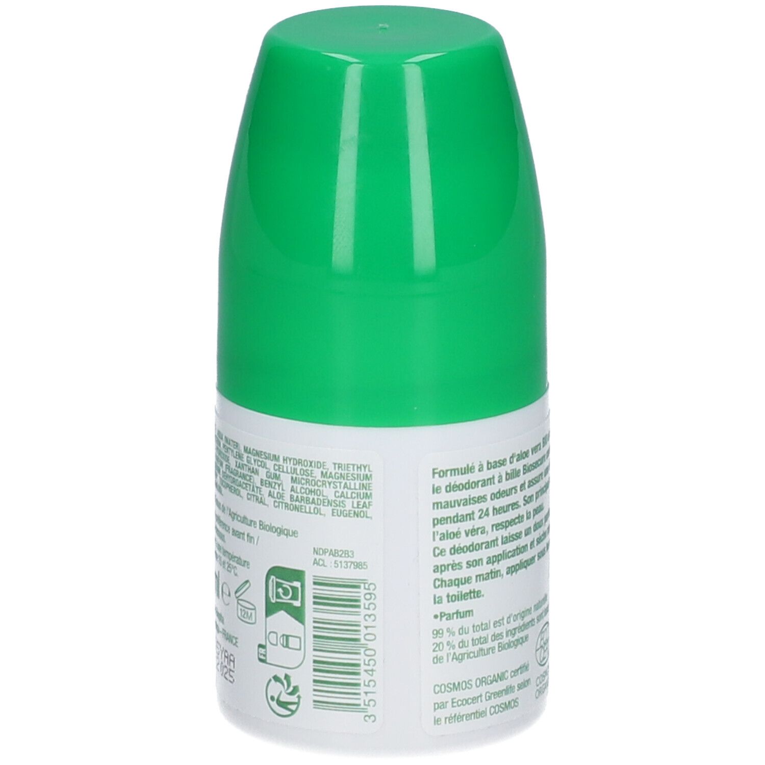 Dos du déodorant roll-on. Texte: ingrédients, mode d'emploi, durée de conservation, certification bio. Code-barres et symboles de recyclage.