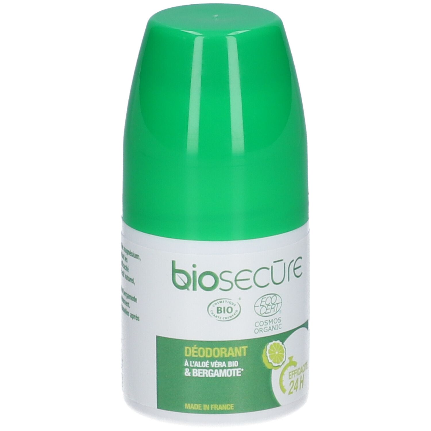 Déodorant roll-on vert. Inscription: biosecure, Déodorant à l'aloe vera bio & bergamote. Certifié bio, effet 24H. Logo citron.