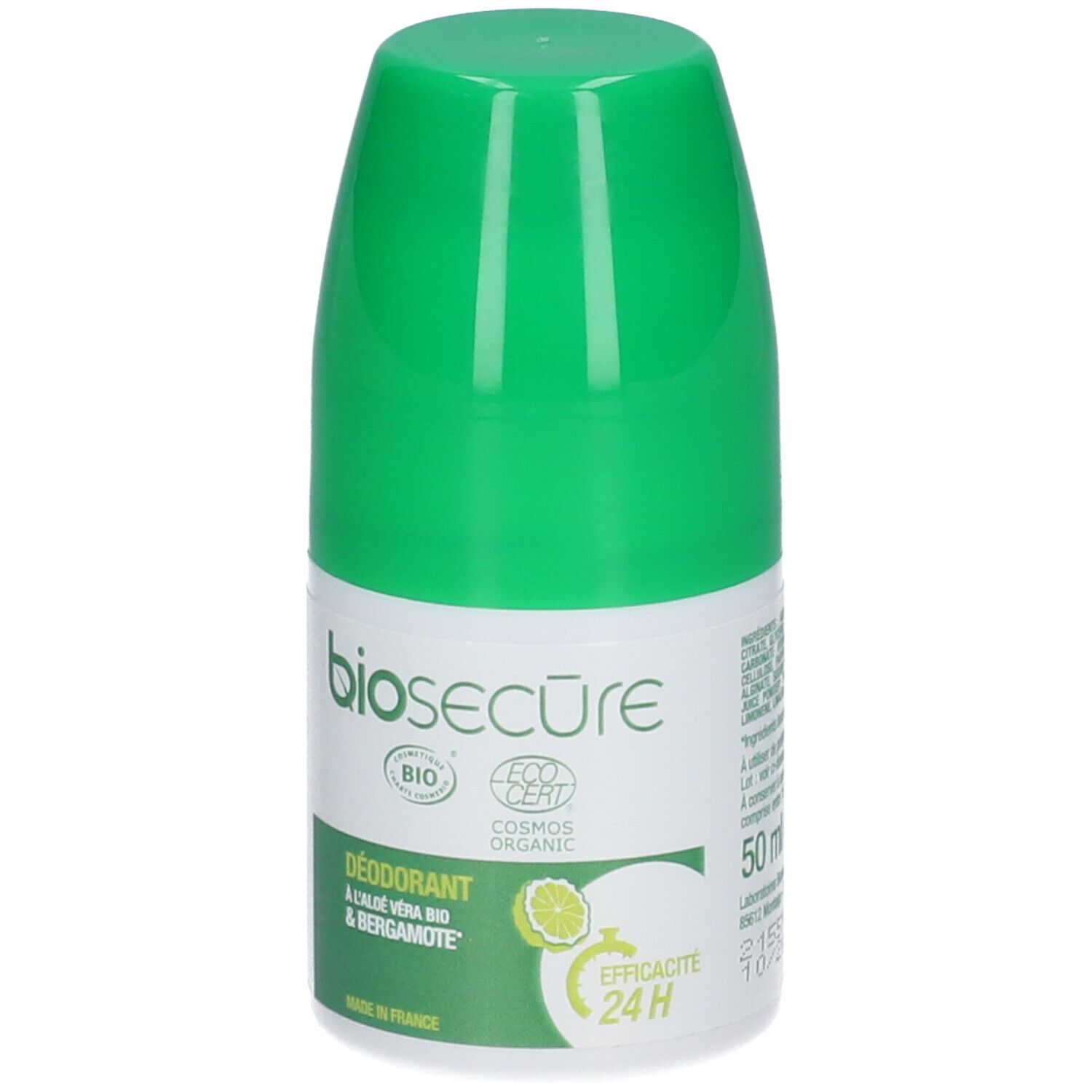 Déodorant roll-on vert. Inscription: biosecure, Déodorant à l'aloe vera bio & bergamote. Certifié bio, effet 24H, 50 ml.