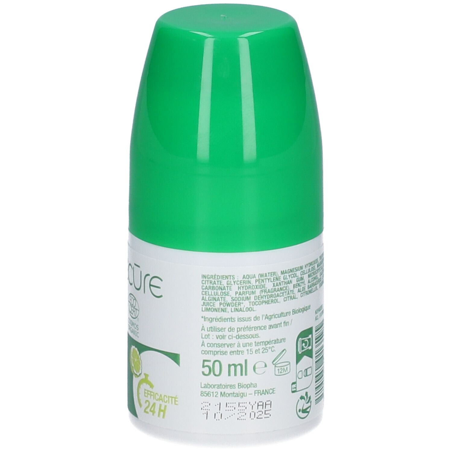Déodorant roll-on vert. Inscription: biosecure, Déodorant à l'aloe vera bio & bergamote. 50 ml, effet 24H, date de péremption.