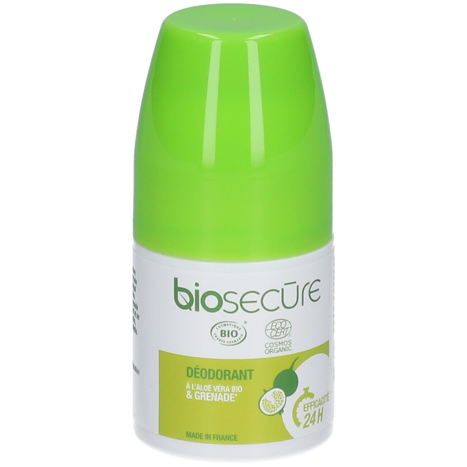 Déodorant roll-on avec bouchon vert. Marque: biosecure. Inscription: Déodorant à l'aloe vera bio & grenade. Avec label bio et efficacité 24H.