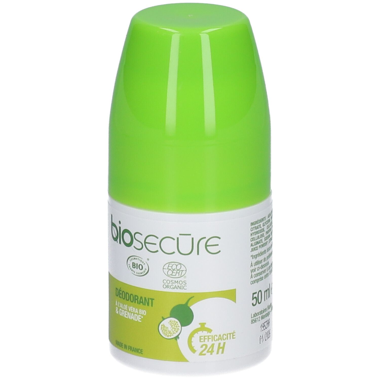 Déodorant roll-on avec bouchon vert. Marque: biosecure. Inscription: Déodorant à l'aloe vera bio & grenade. Avec label bio et efficacité 24H. 50 ml.