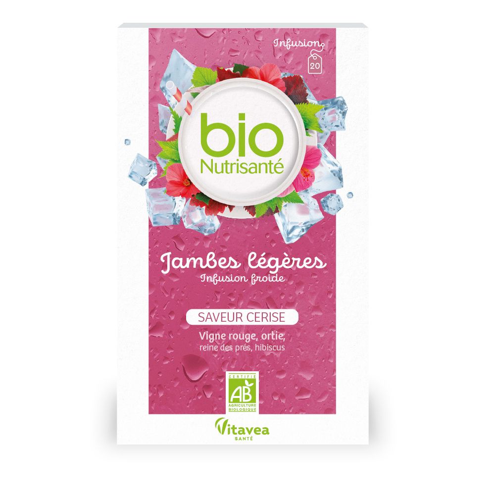 Boîte de thé. Inscription: BIO, Nutrisanté, Jambes légères, Infusion froide, Saveur cerise. Label AB.