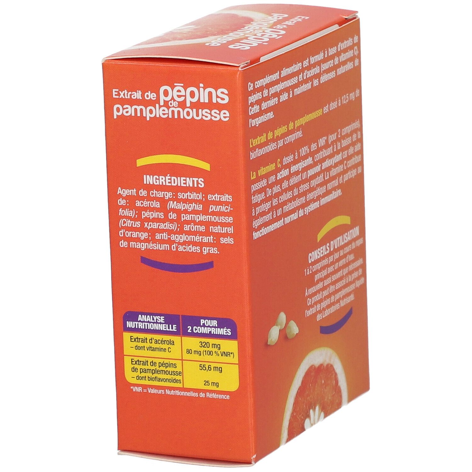 Vue latérale d'une boîte de produit avec liste des ingrédients et analyse nutritionnelle.