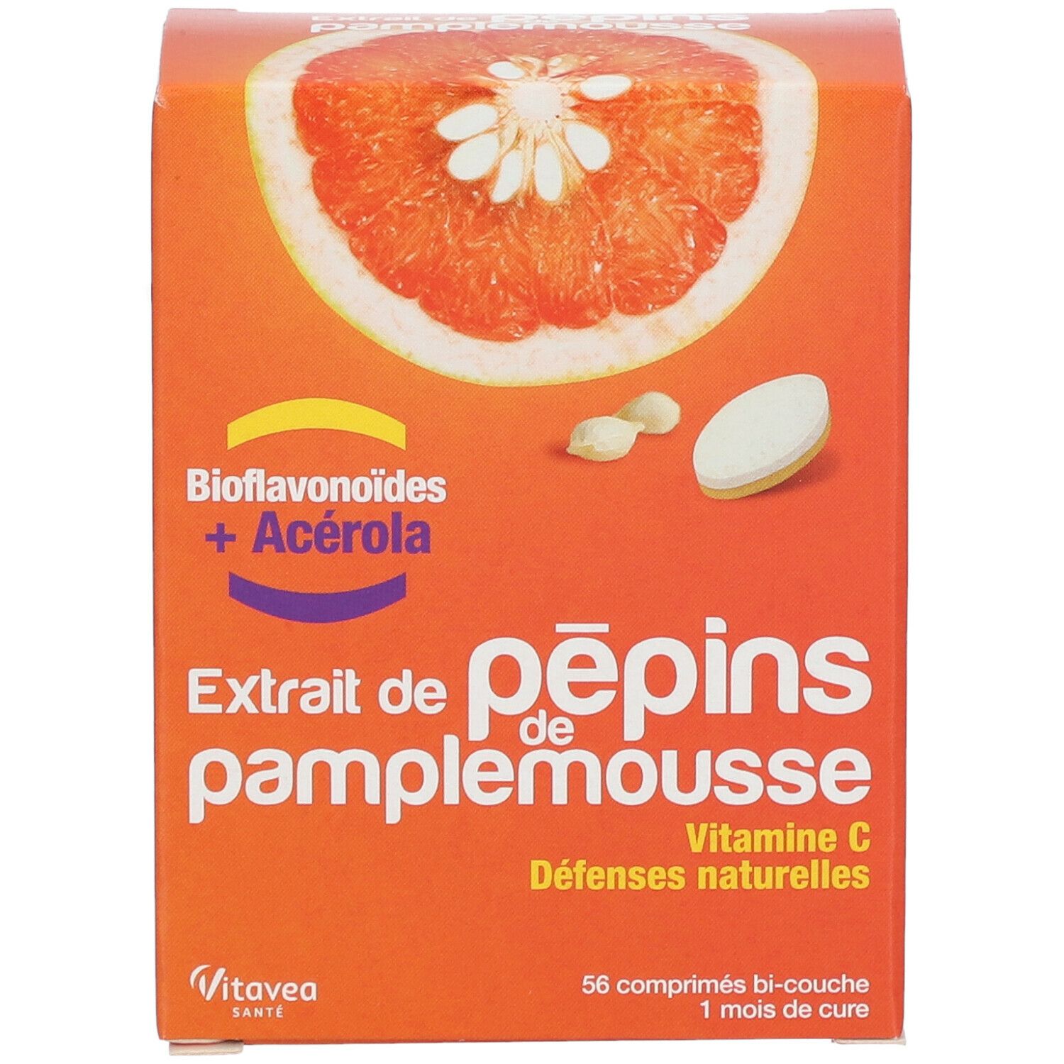 Face avant d'une boîte de produit avec illustration de pamplemousse, "Extrait de pépins de pamplemousse" et "Vitamine C".