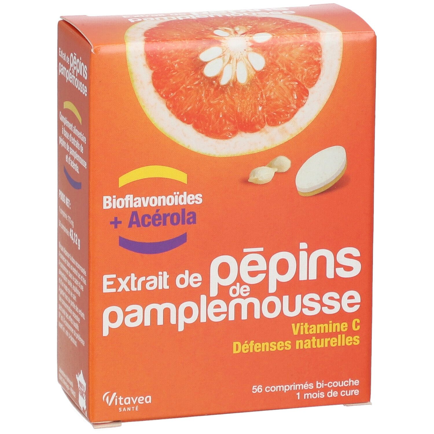 Boîte de produit avec illustration de pamplemousse, "Extrait de pépins de pamplemousse" et "Vitamine C".