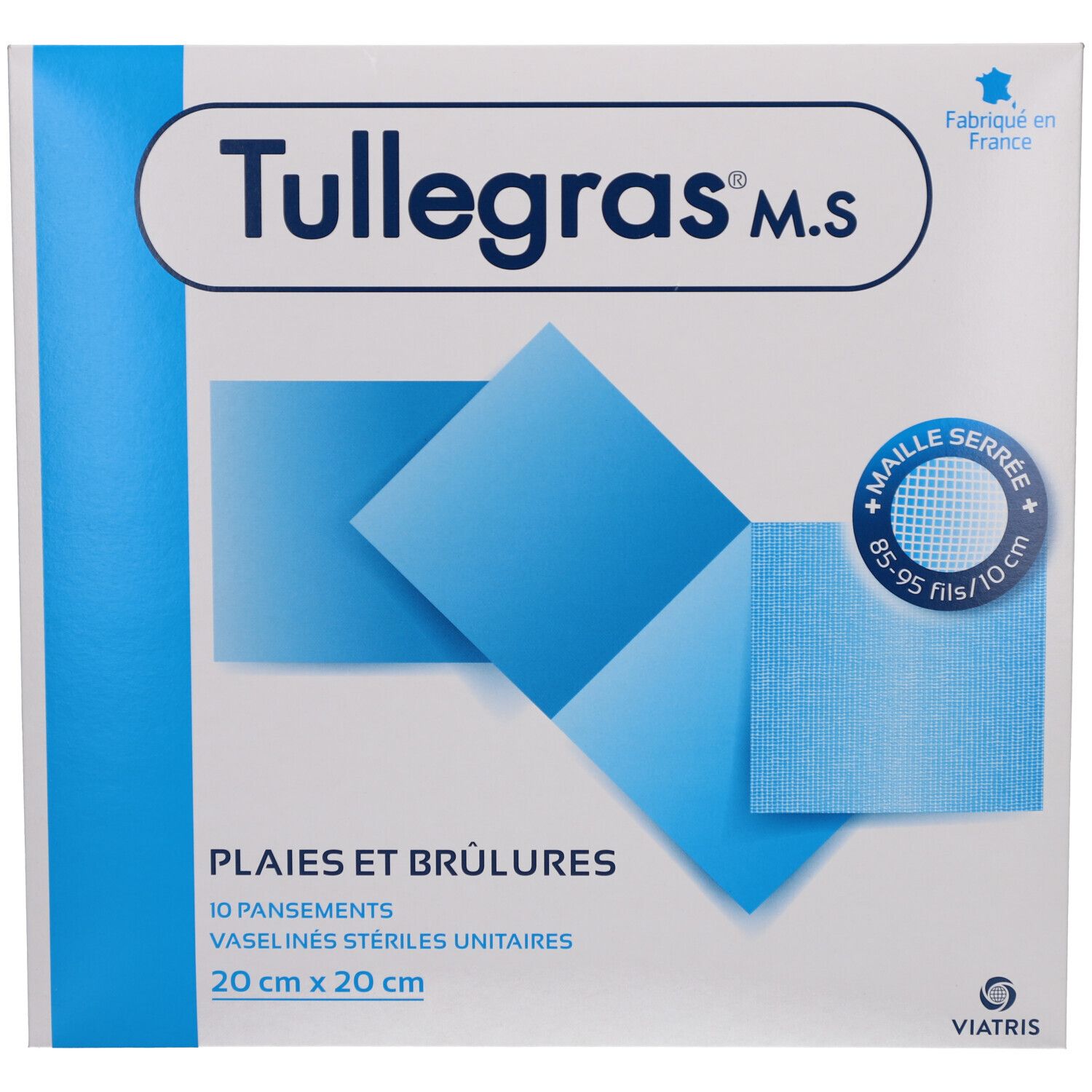 Boîte carrée blanche. Pansements bleus. Texte: Tullegras M.S, Plaies et brûlures, 20 cm x 20 cm, 10 pansements. Fabriqué en France.