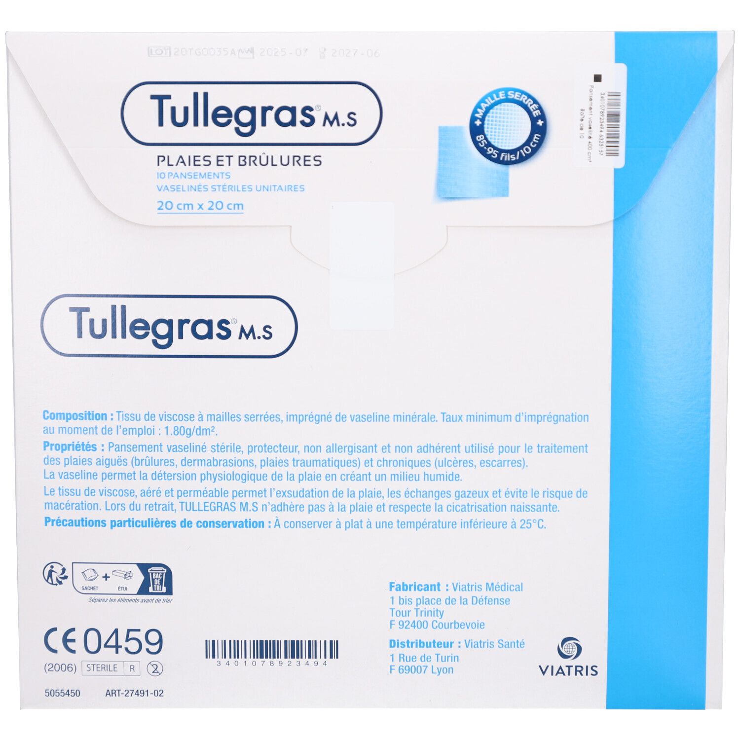 Emballage blanc avec texte et illustration du produit. Texte: Tullegras M.S, 20 cm x 20 cm, 10 pansements. Marquage CE.