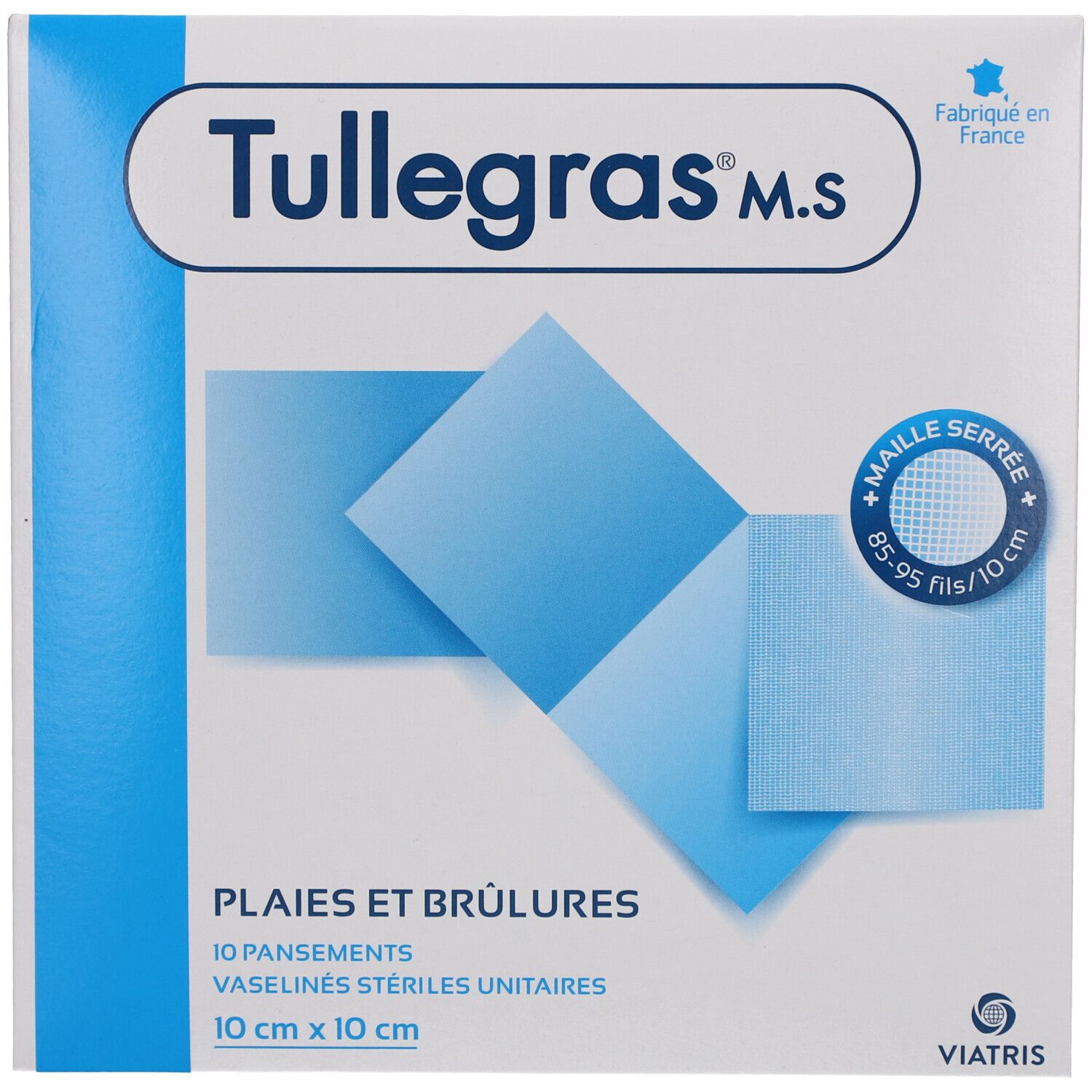 Boîte carrée. Compresses Tullegras M.S. bleues. Texte: Plaies et brûlures, 10 pansements, 10 cm x 10 cm.