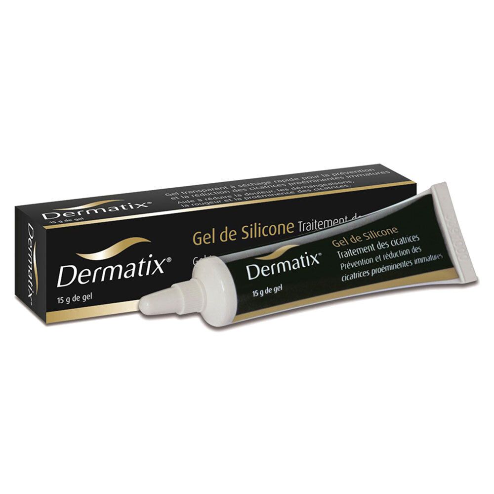 Dermatix® gel, tube et boîte. Boîte noire avec nom du produit et tube de gel à côté.