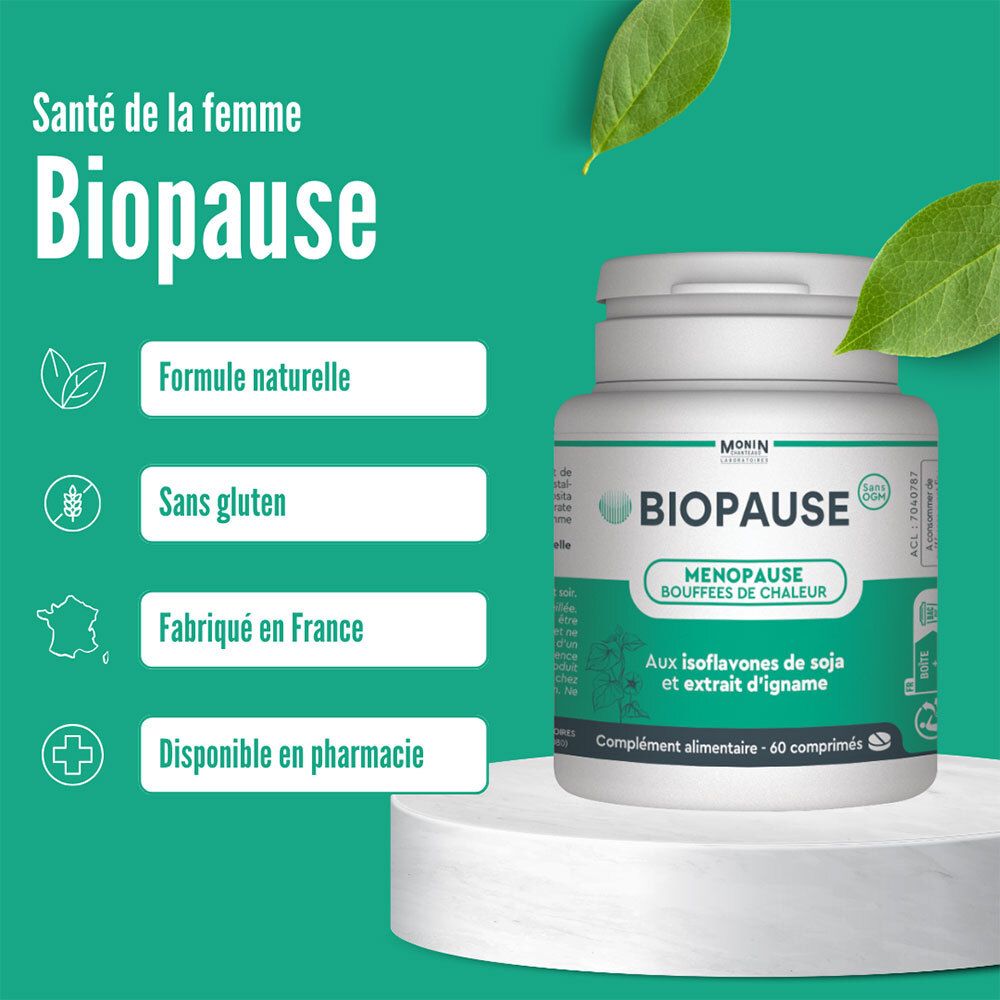 BIOPAUSE avec informations. Formule naturelle, Sans gluten, Fabriqué en France, Disponible en pharmacie.