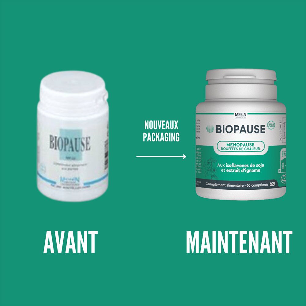 Comparaison des emballages BIOPAUSE : ancien et nouveau. Nouveau design, flacon blanc.