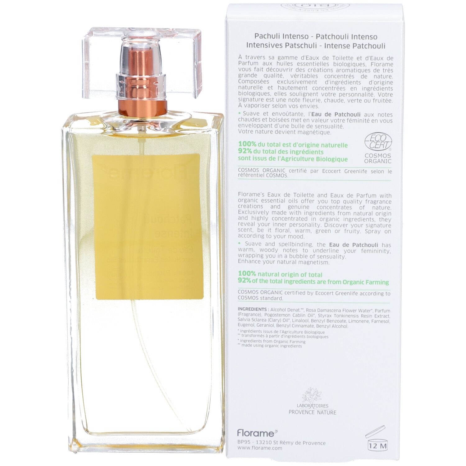 Flacon en verre avec liquide doré et vaporisateur. À côté, emballage blanc avec texte et certifications.